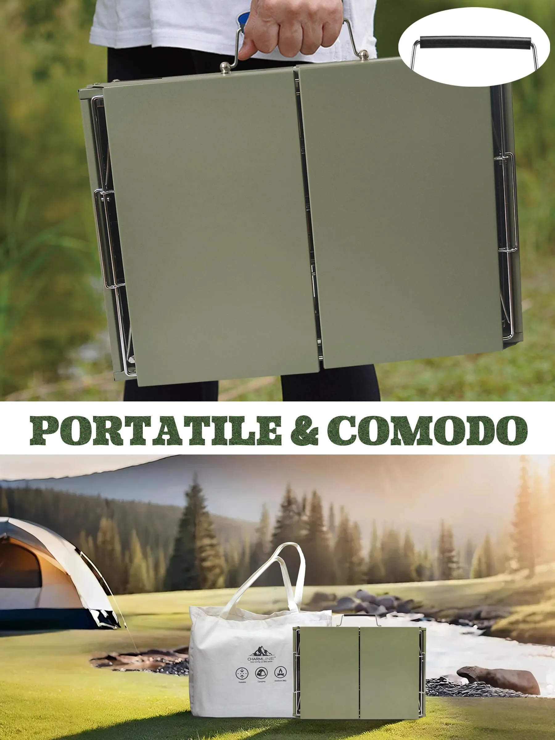 Charmline Griglia a Carbone Portatile Pieghevole 47 x 34 cm, Verde - immagine 7