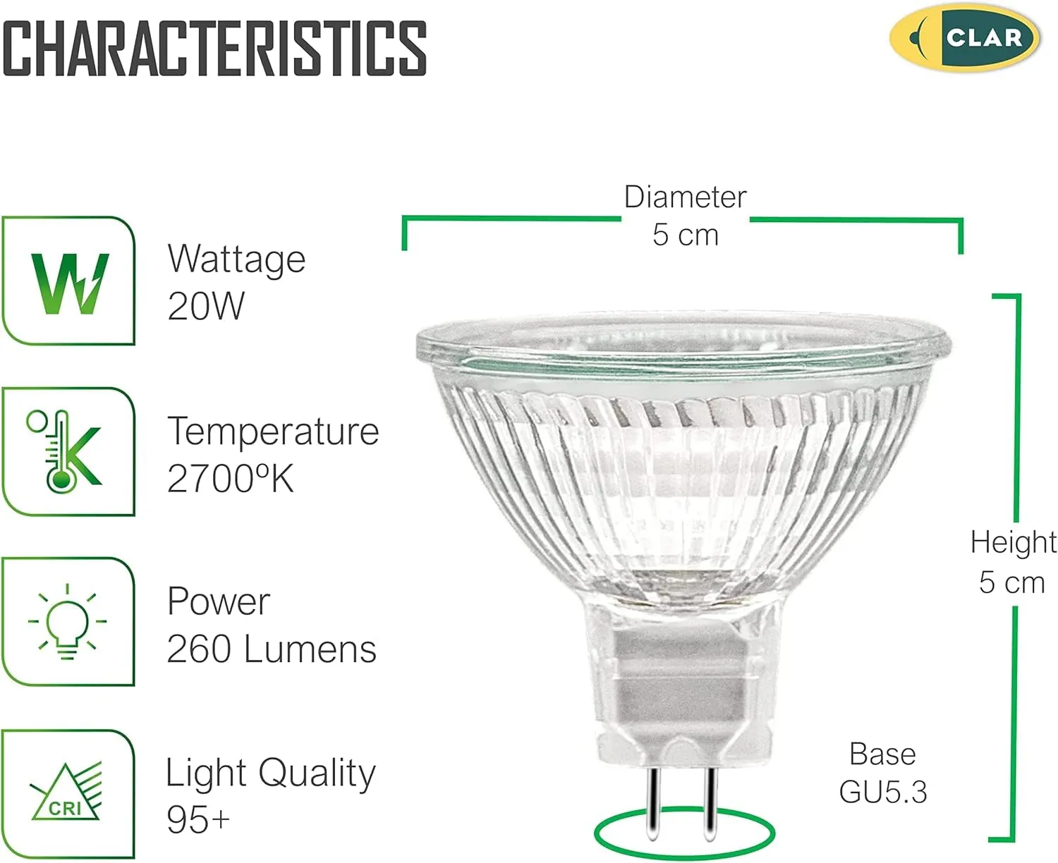CLAR Lampadina Alogena MR16 GU5.3 12V 20W (Pack 100) - immagine 2