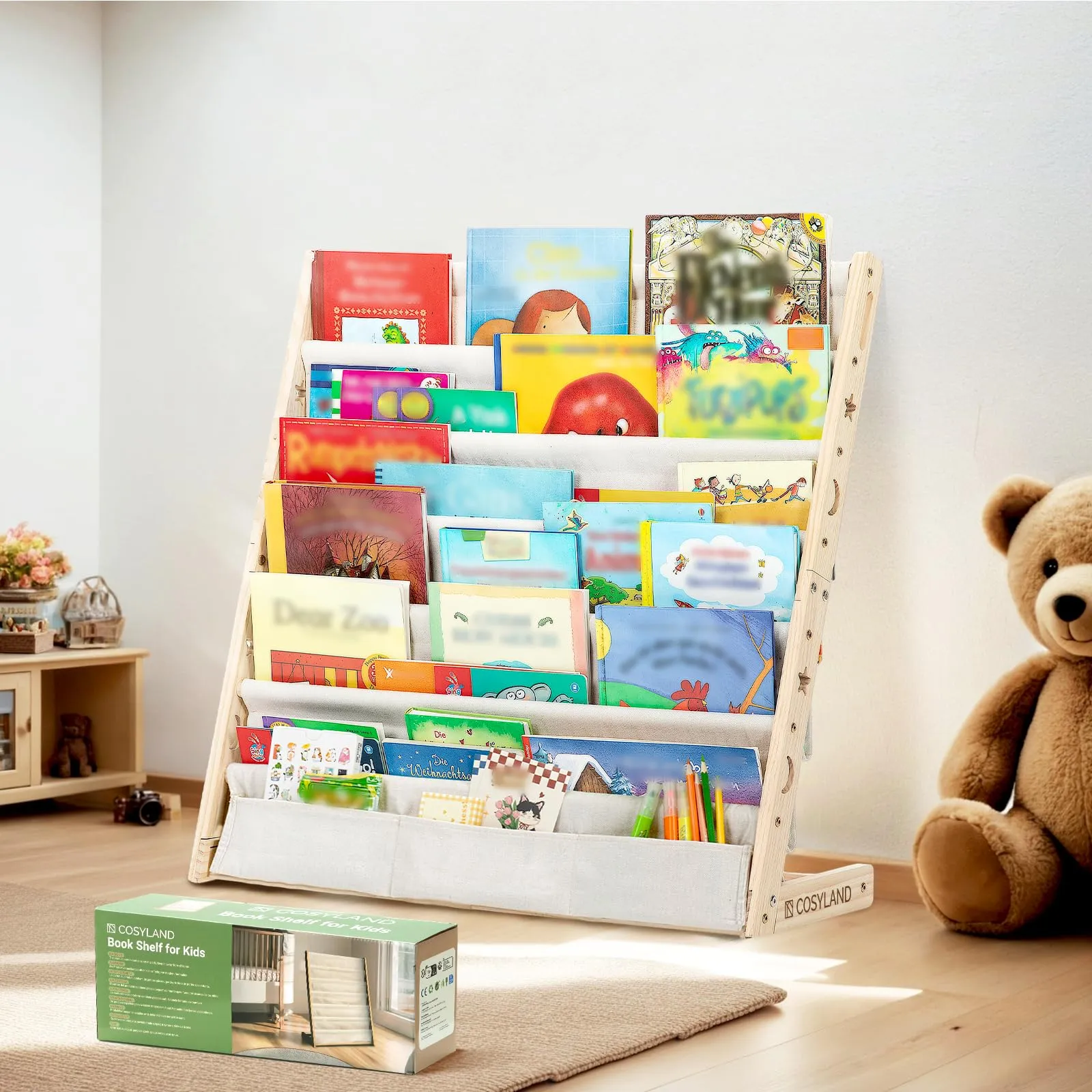 COSYLAND Libreria Montessori per Bambini con 6 Scomparti in Tessuto Oxford e Legno Naturale - immagine 1