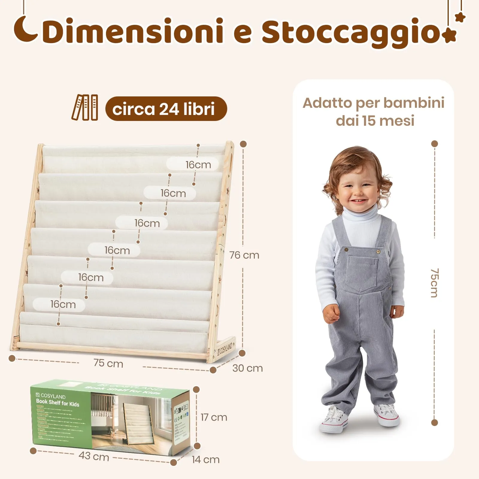 COSYLAND Libreria Montessori per Bambini con 6 Scomparti in Tessuto Oxford e Legno Naturale - immagine 2