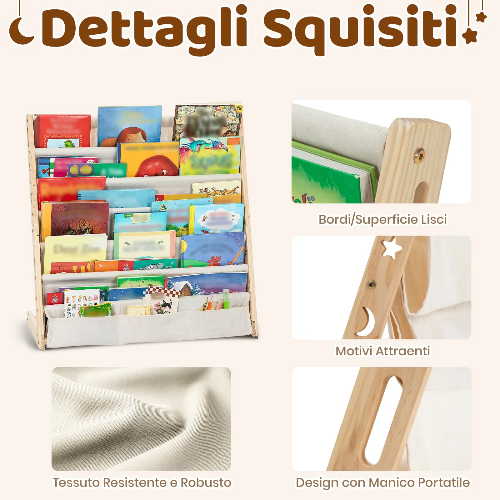 COSYLAND Libreria Montessori per Bambini con 6 Scomparti in Tessuto Oxford e Legno Naturale - immagine 3