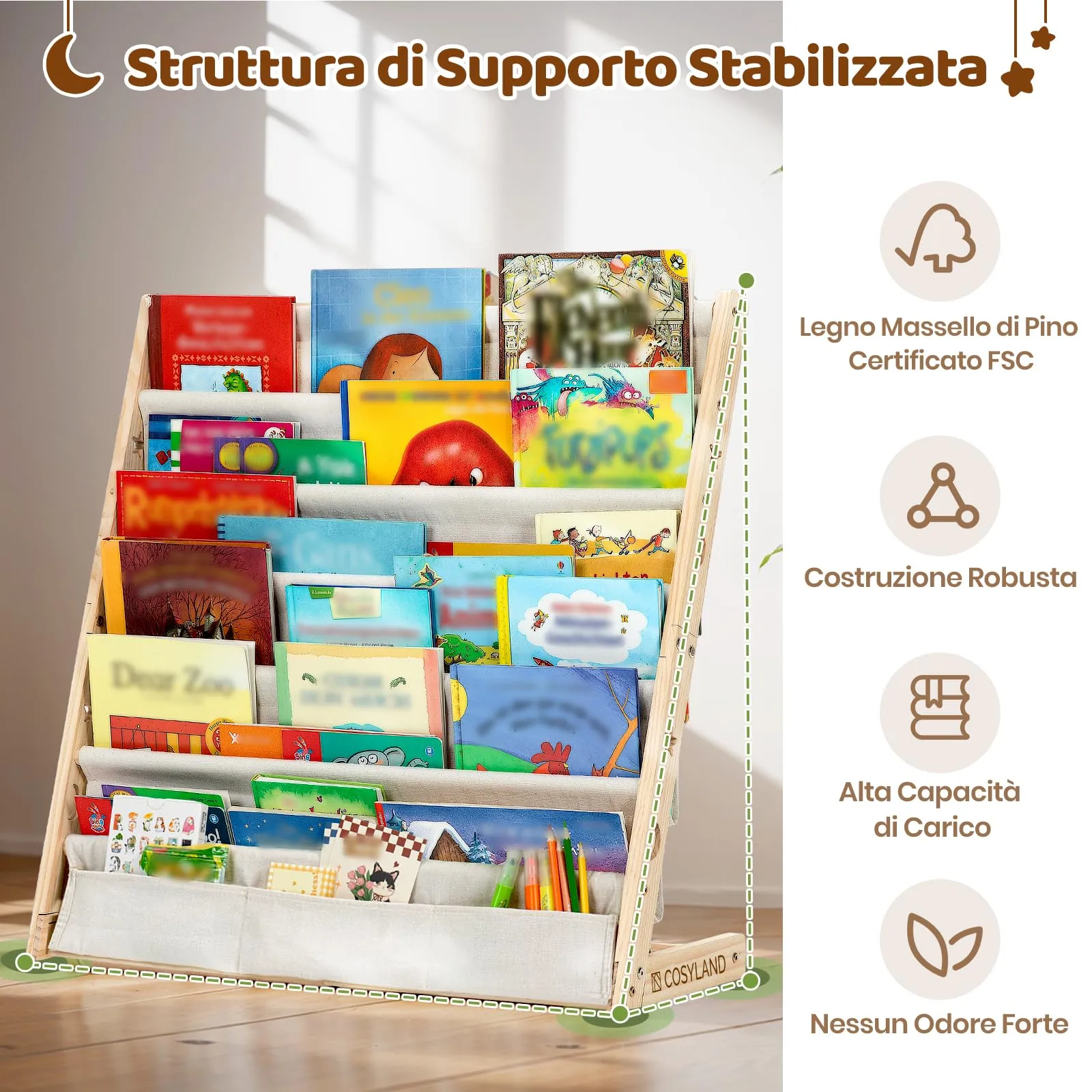 COSYLAND Libreria Montessori per Bambini con 6 Scomparti in Tessuto Oxford e Legno Naturale - immagine 4