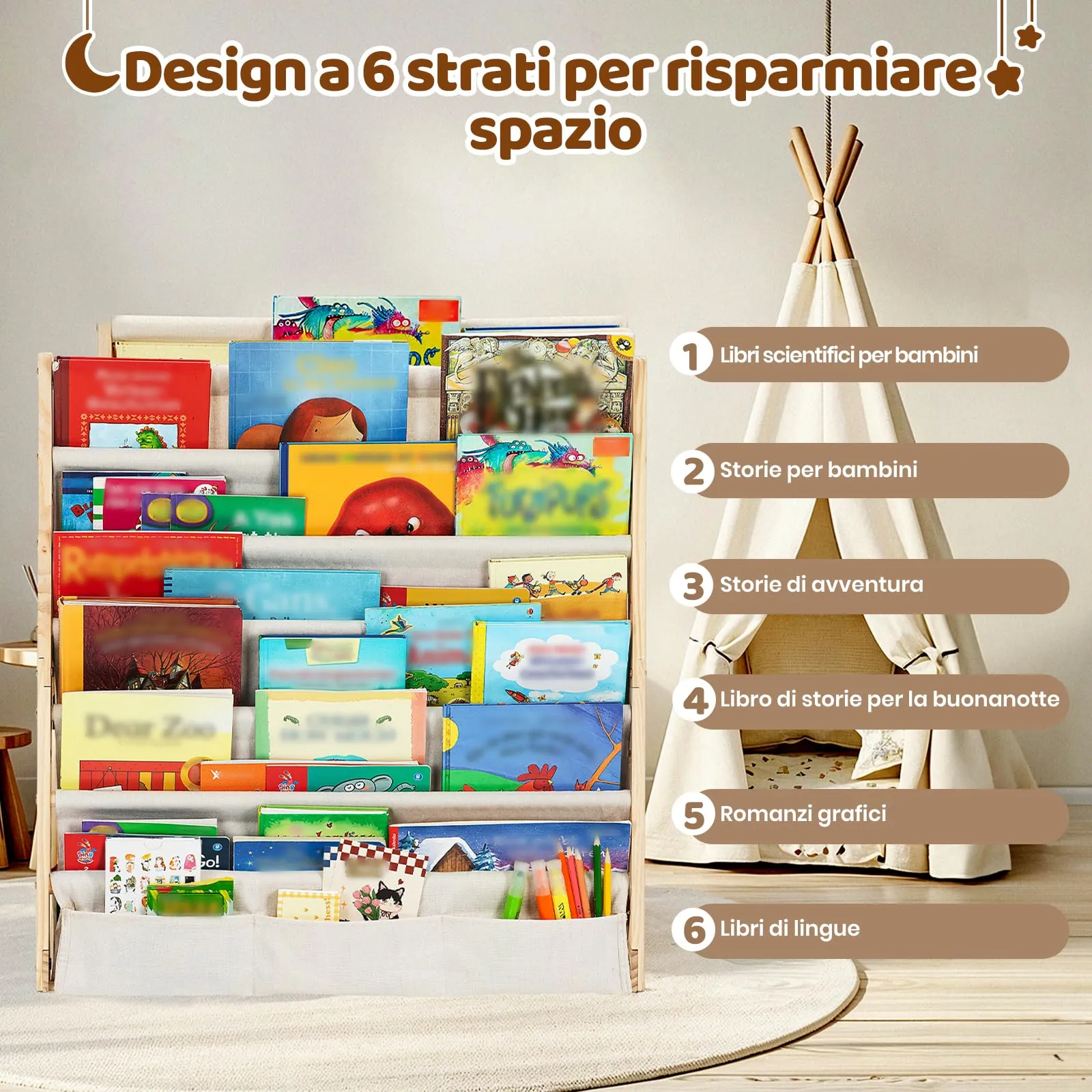 COSYLAND Libreria Montessori per Bambini con 6 Scomparti in Tessuto Oxford e Legno Naturale - immagine 5