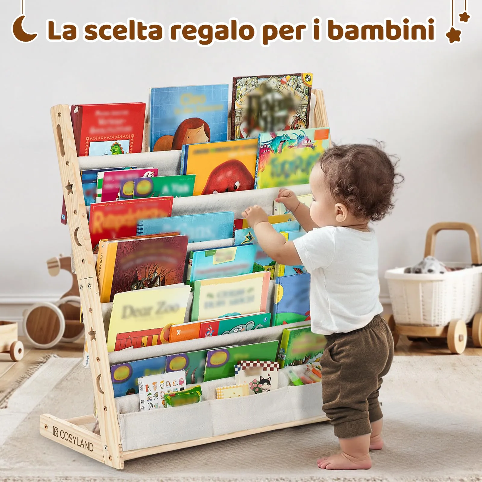 COSYLAND Libreria Montessori per Bambini con 6 Scomparti in Tessuto Oxford e Legno Naturale - immagine 8