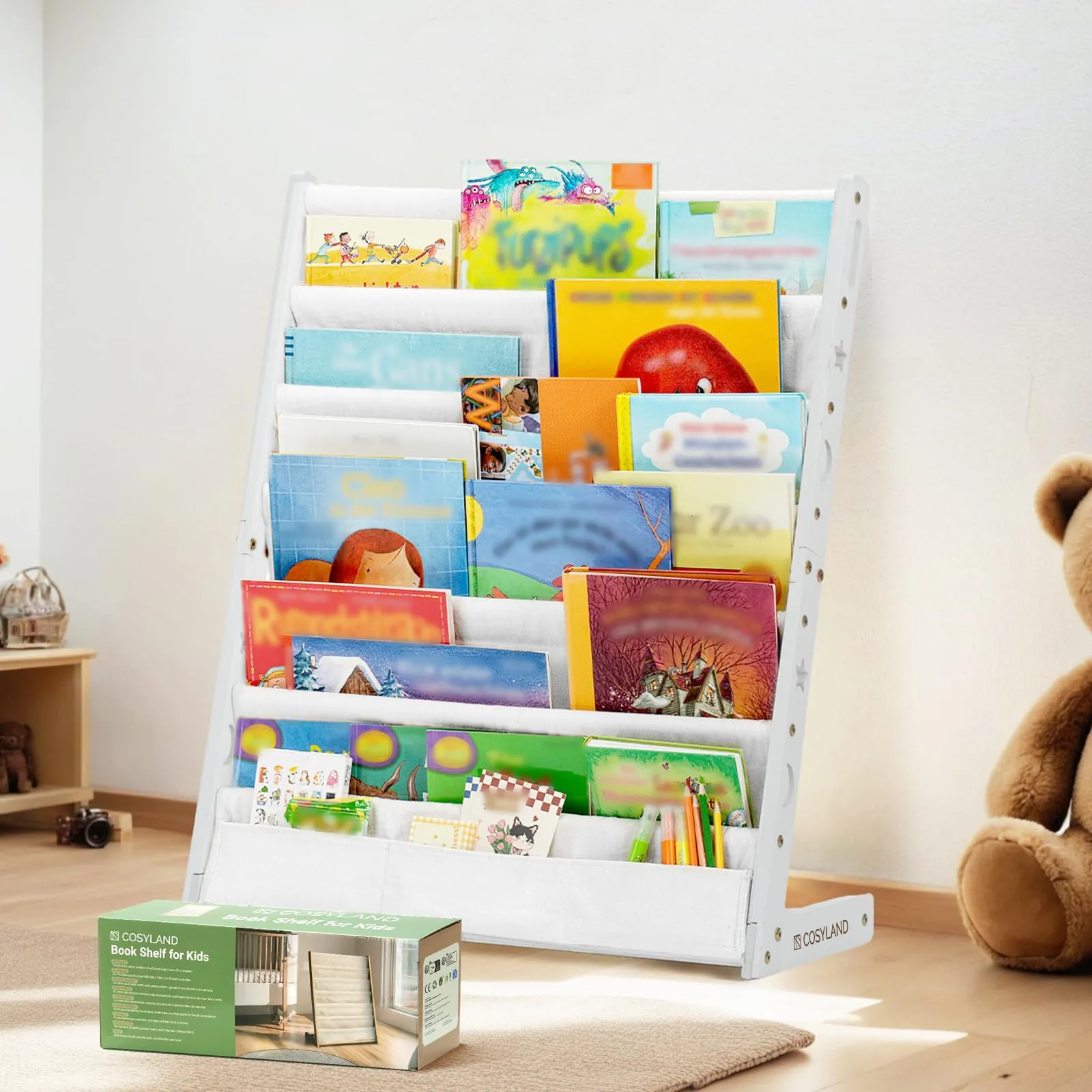 COSYLAND Libreria Montessori per Bambini con 6 Scomparti in Tessuto Oxford e Legno Naturale, Bianca - immagine 1