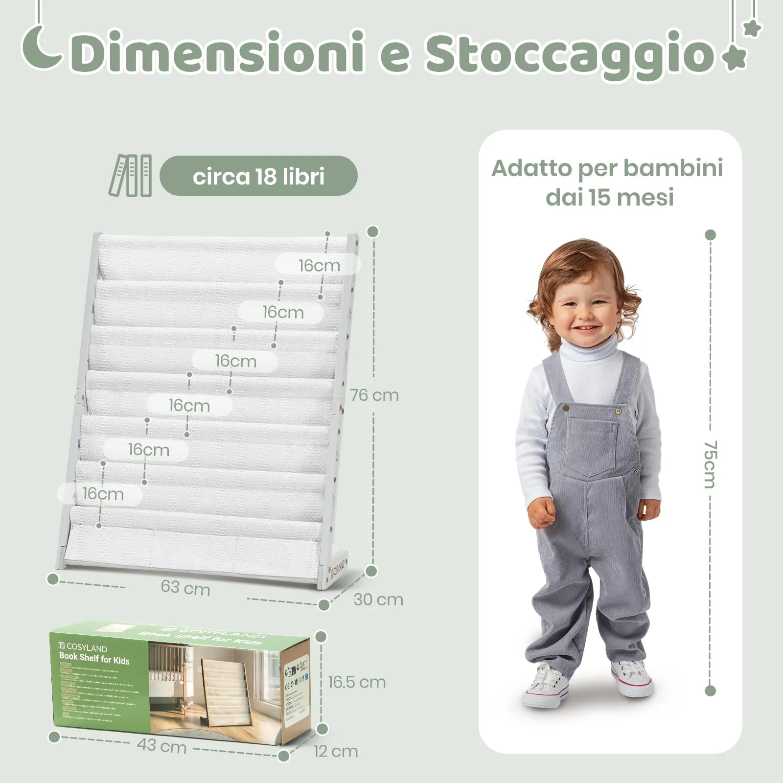COSYLAND Libreria Montessori per Bambini con 6 Scomparti in Tessuto Oxford e Legno Naturale, Bianca - immagine 2