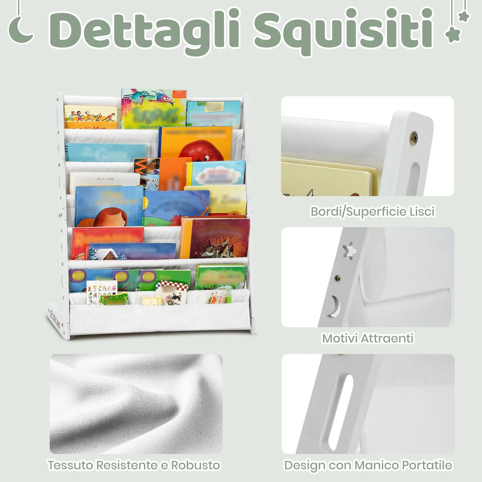 COSYLAND Libreria Montessori per Bambini con 6 Scomparti in Tessuto Oxford e Legno Naturale, Bianca - immagine 3