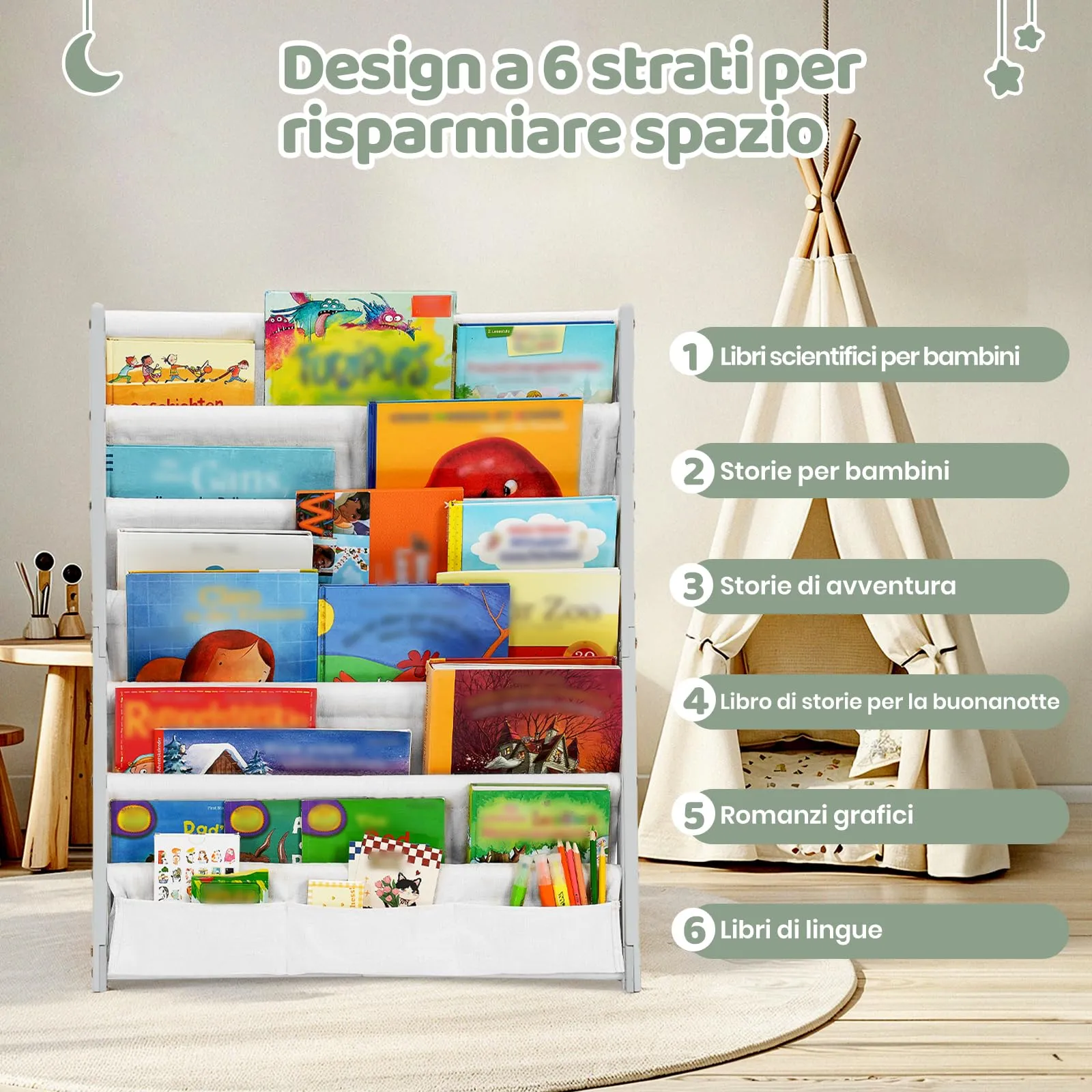 COSYLAND Libreria Montessori per Bambini con 6 Scomparti in Tessuto Oxford e Legno Naturale, Bianca - immagine 5
