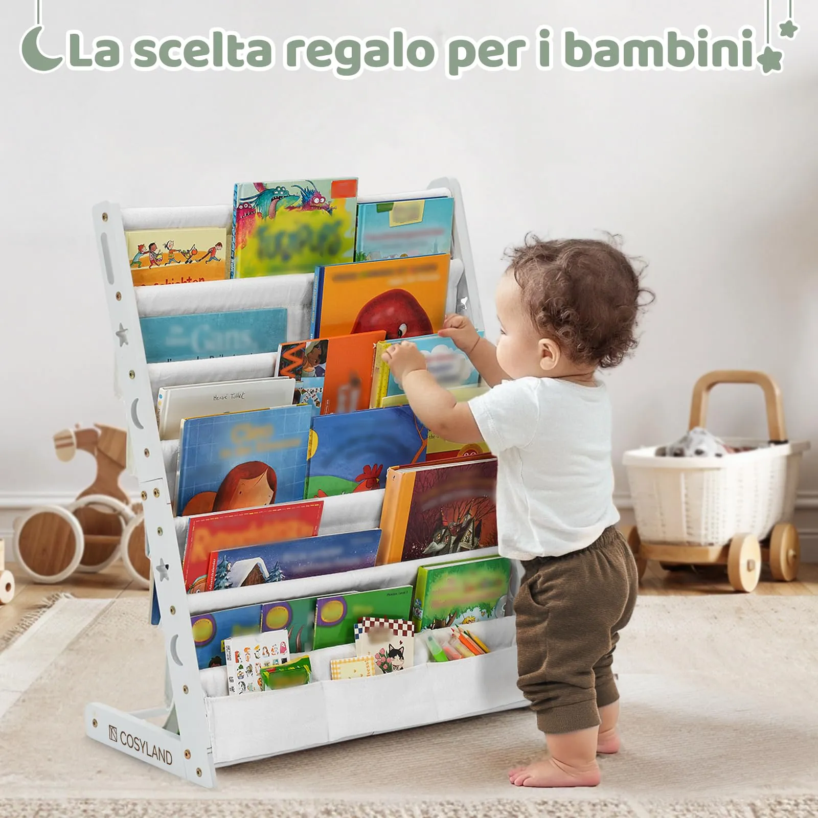 COSYLAND Libreria Montessori per Bambini con 6 Scomparti in Tessuto Oxford e Legno Naturale, Bianca - immagine 8