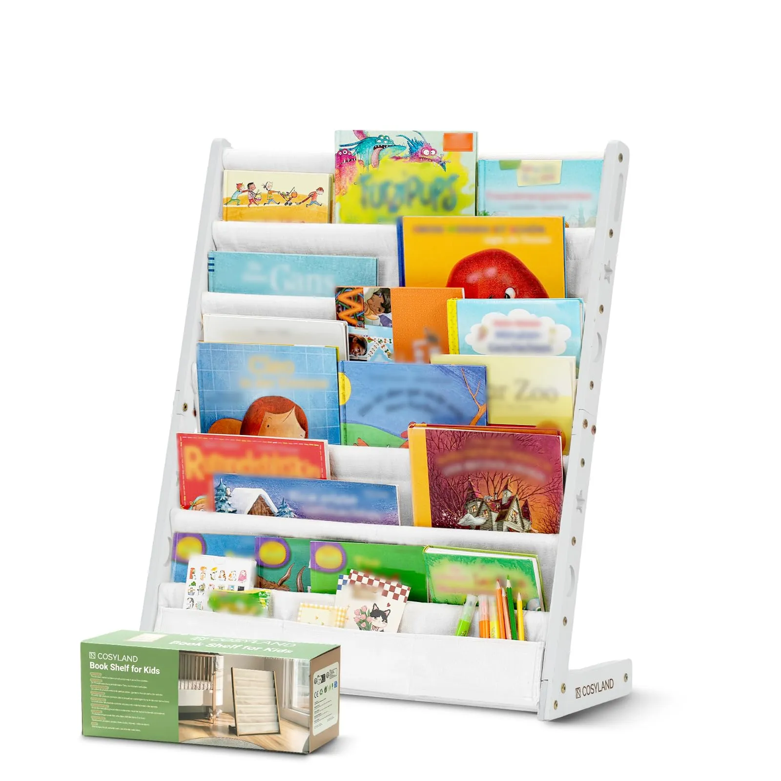 COSYLAND Libreria Montessori per Bambini con 6 Scomparti in Tessuto Oxford e Legno Naturale, Bianca - immagine 9