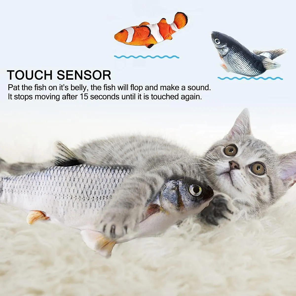 Nepfaivy Giocattolo Interattivo per Gatti, Pesce Elettrico con Erba Gatta, Carpa e Pesce Pagliaccio - immagine 3