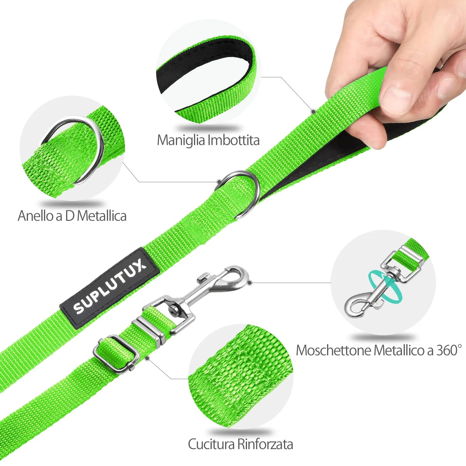 SuplutuX Guinzaglio per Cani Regolabile 15m con Impugnatura Imbottita, Verde - immagine 2