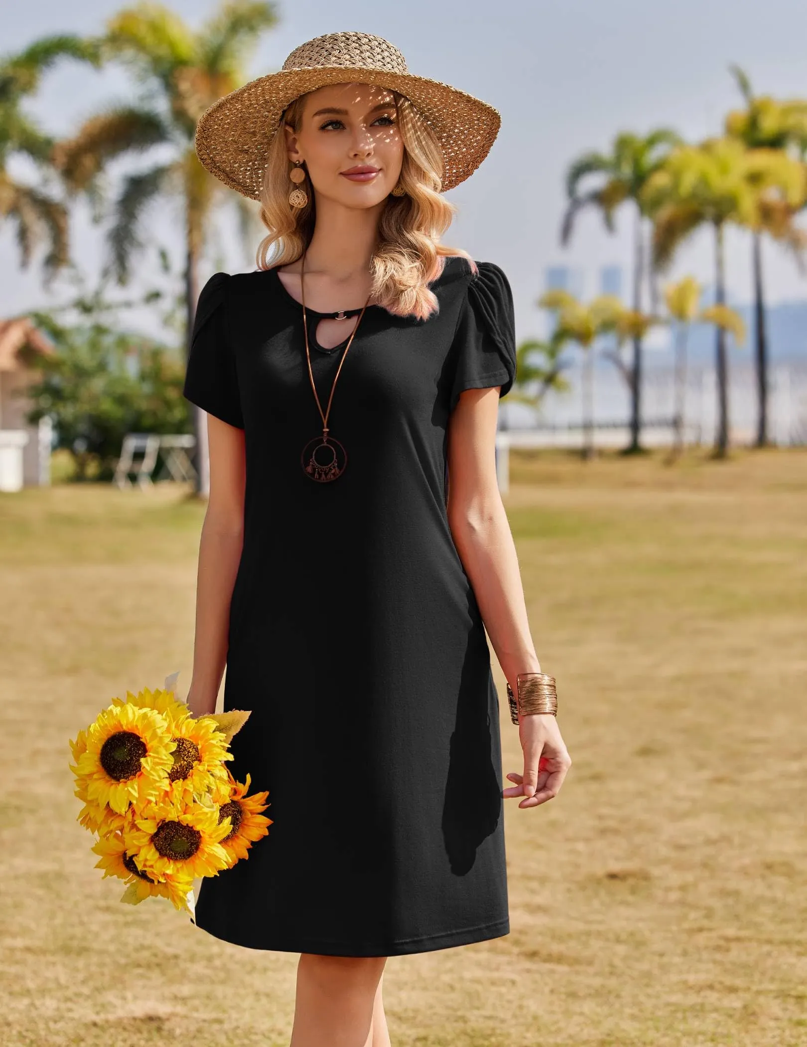 Zeagoo Abito Casual da Donna Svasato con Tasche, Estivo, Nero, S - immagine 2