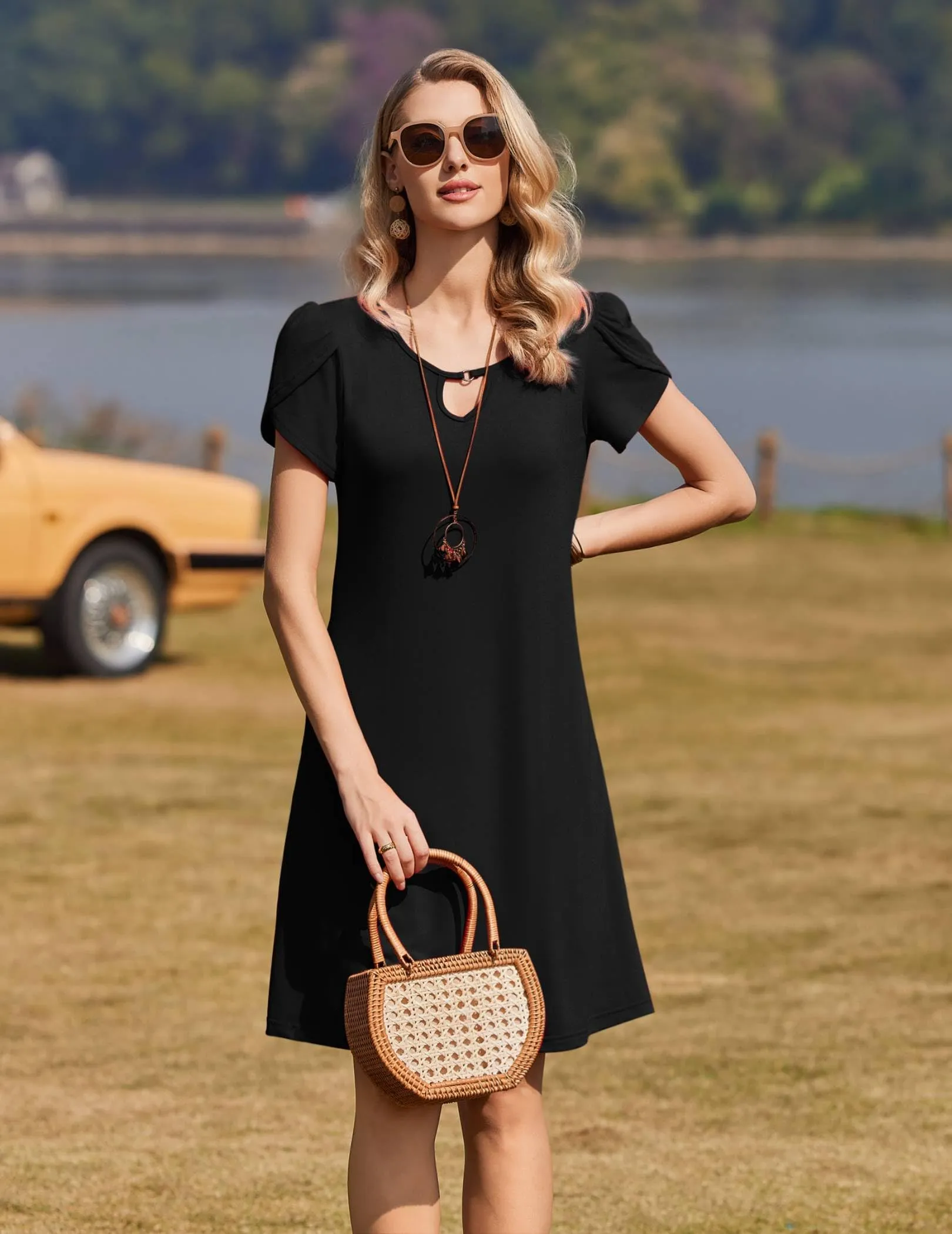Zeagoo Abito Casual da Donna Svasato con Tasche, Estivo, Nero, S - immagine 3