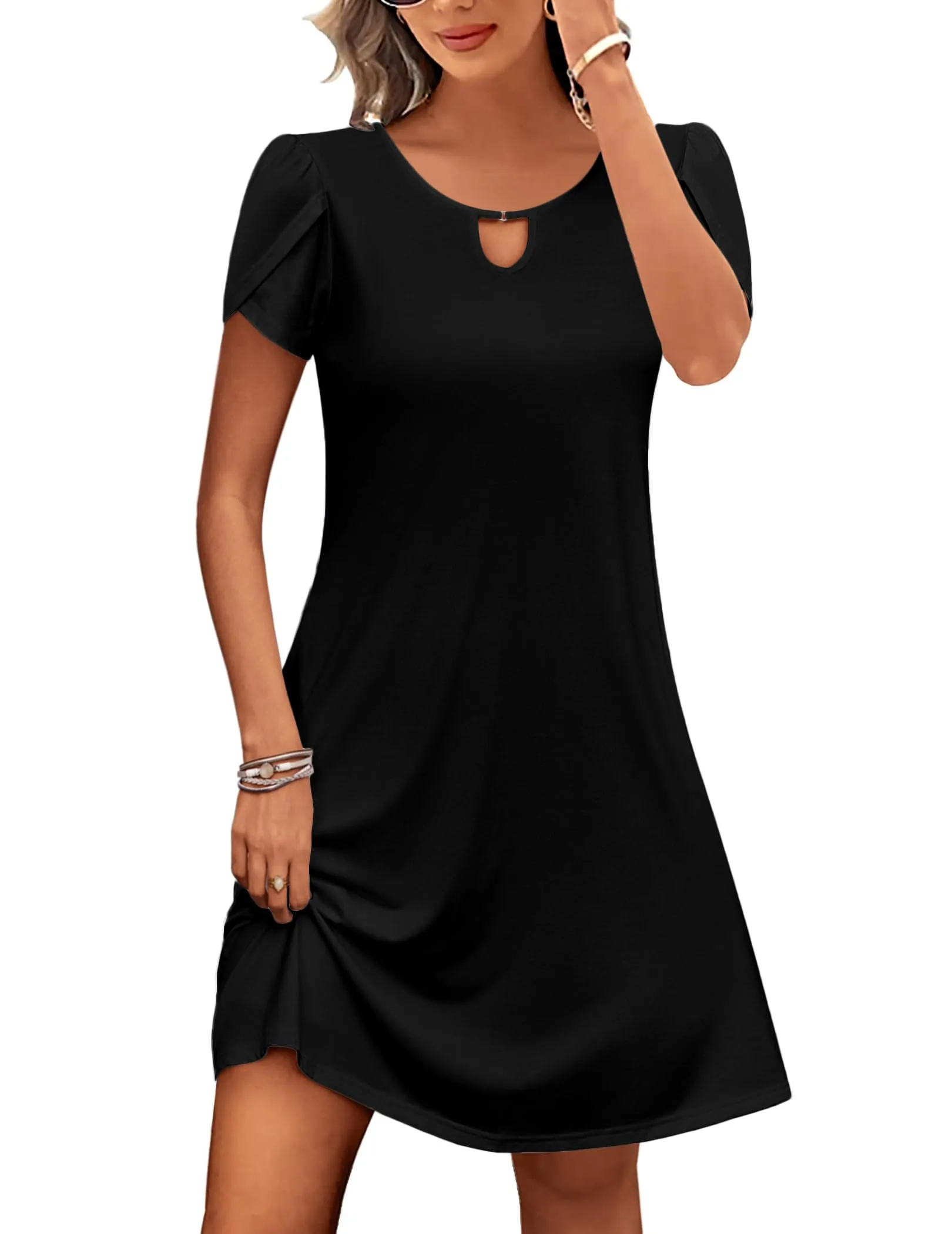 Zeagoo Abito Casual da Donna, Svasato con Tasche, Maniche Corte, Nero, M - immagine 1