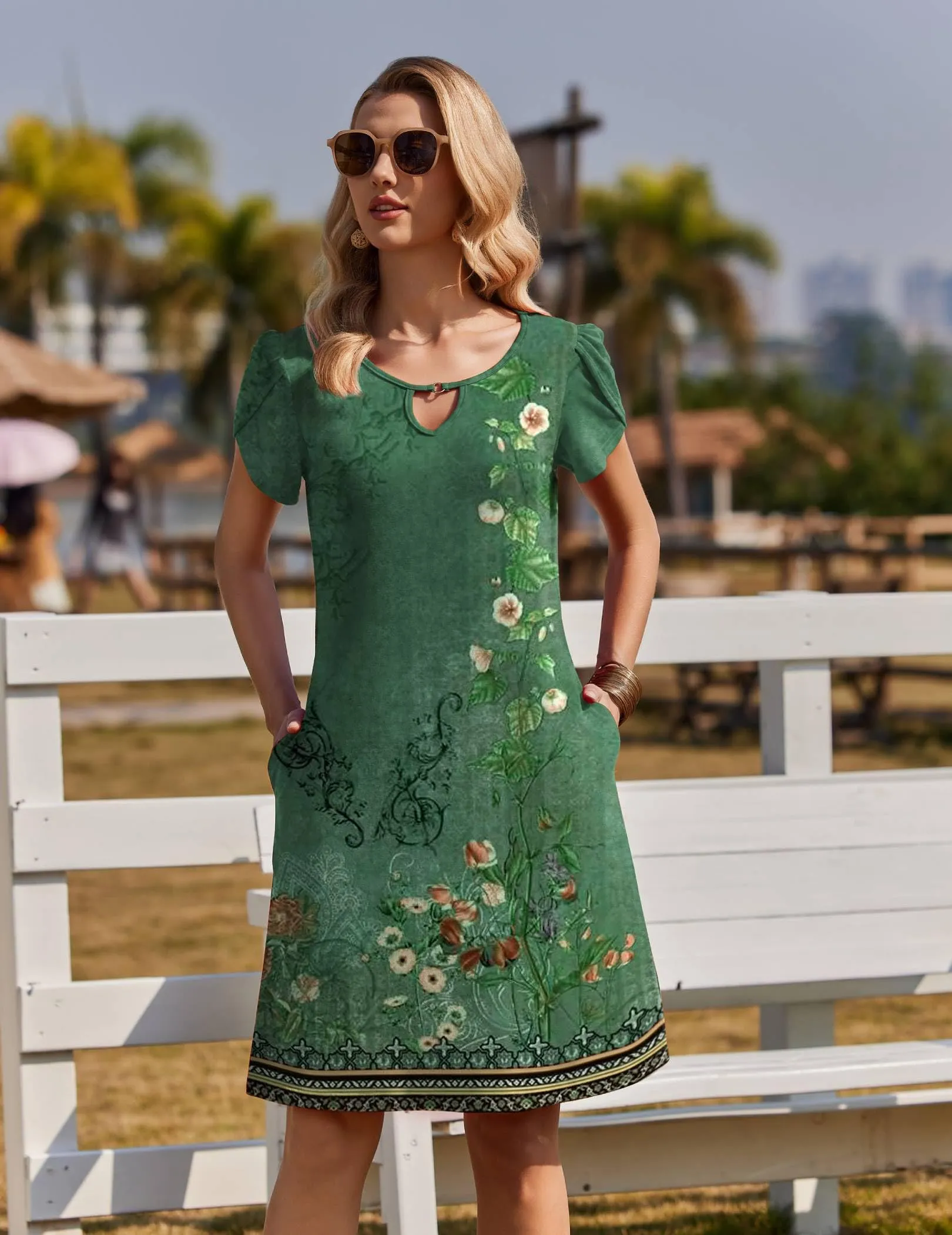 Zeagoo Abito Casual da Donna Floreale a Maniche Corte con Tasche, XL - immagine 4