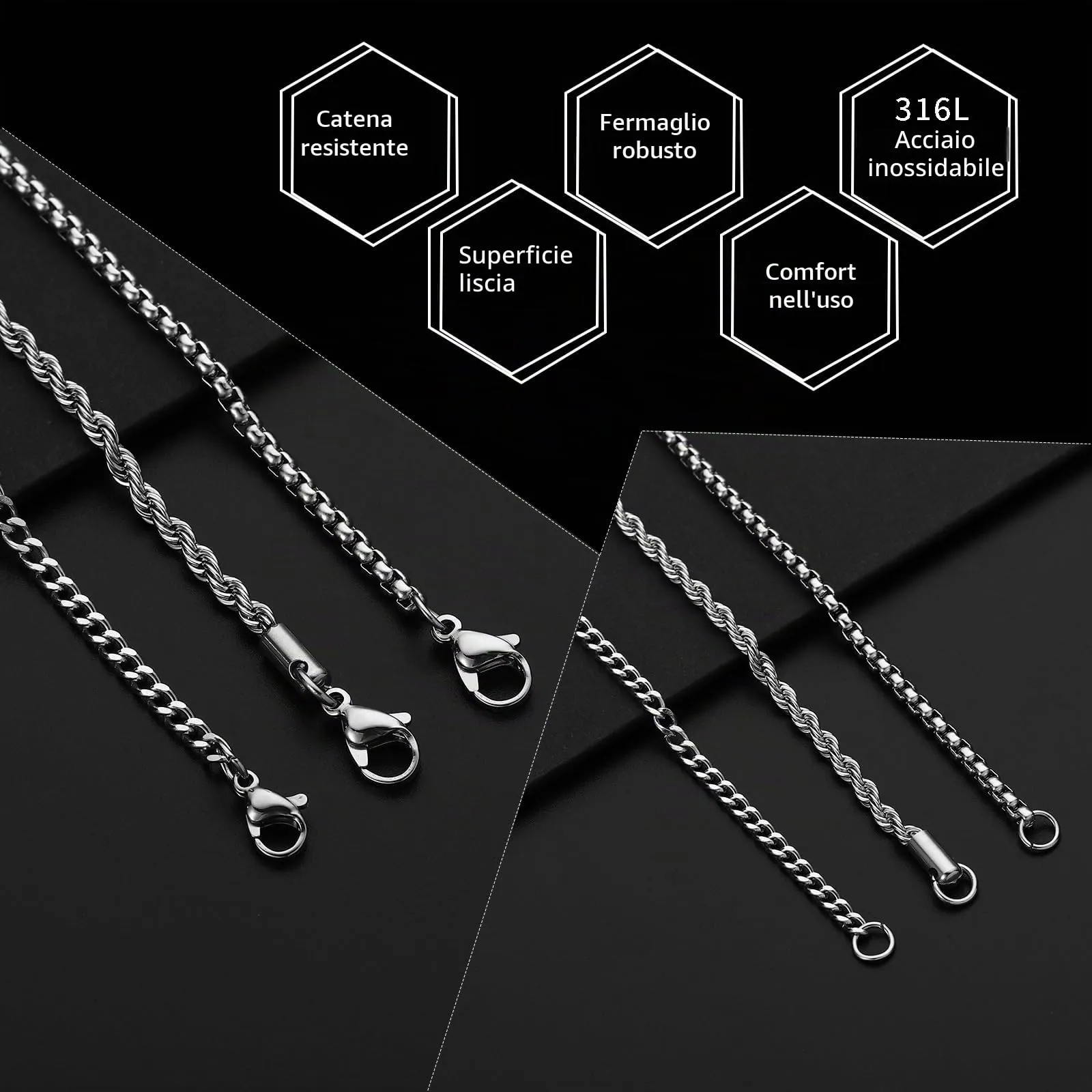Esmoly Set 3 Collane Uomo Cuban Chain in Acciaio Inossidabile (Argento, 50cm/2mm) - immagine 4