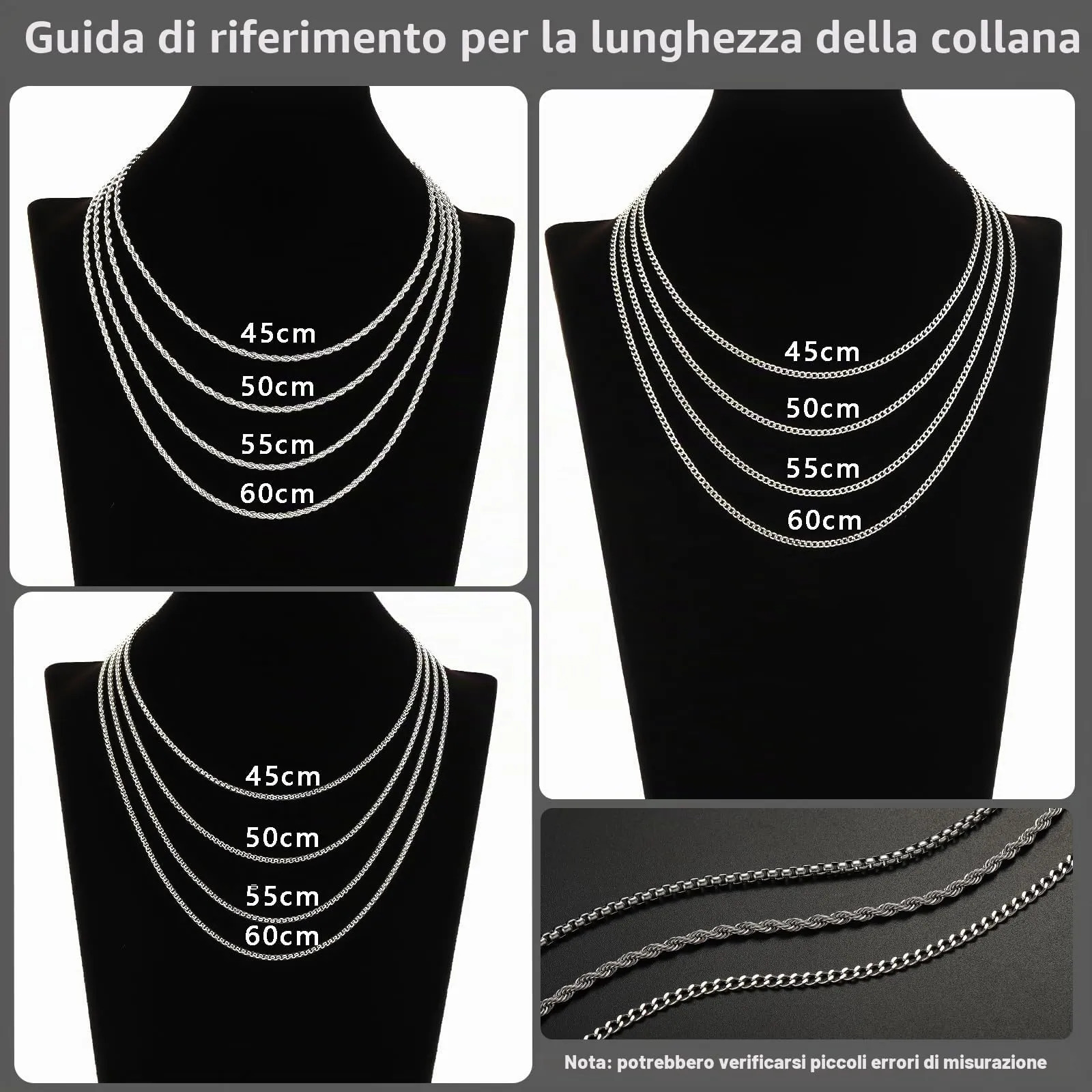 Esmoly Set 3 Collane Uomo Cuban Chain in Acciaio Inossidabile (Argento, 50cm/2mm) - immagine 6