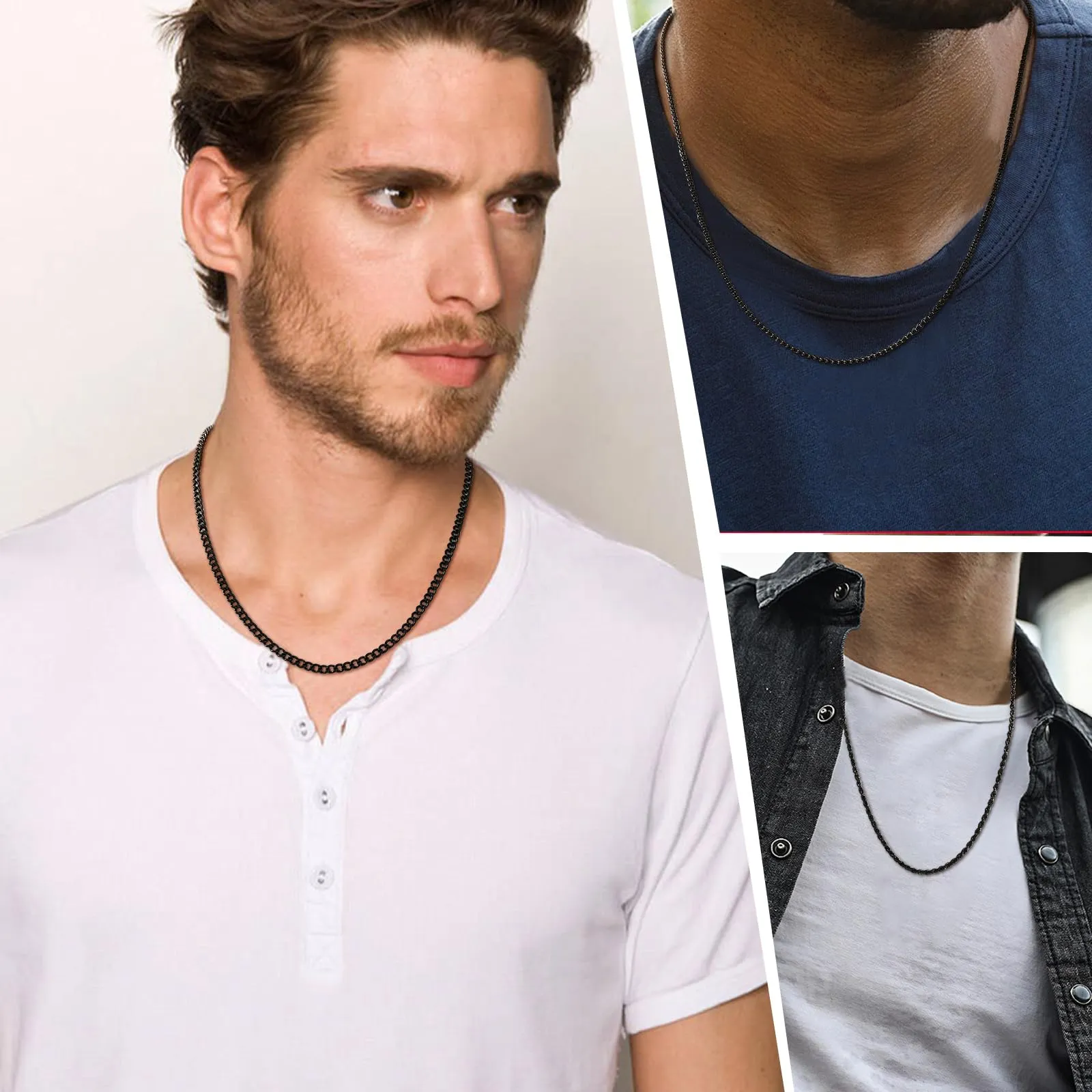 Esmoly Set di 3 Collane Cuban Chain per Uomo in Acciaio Inossidabile - Nero, 50cm/2mm - immagine 2