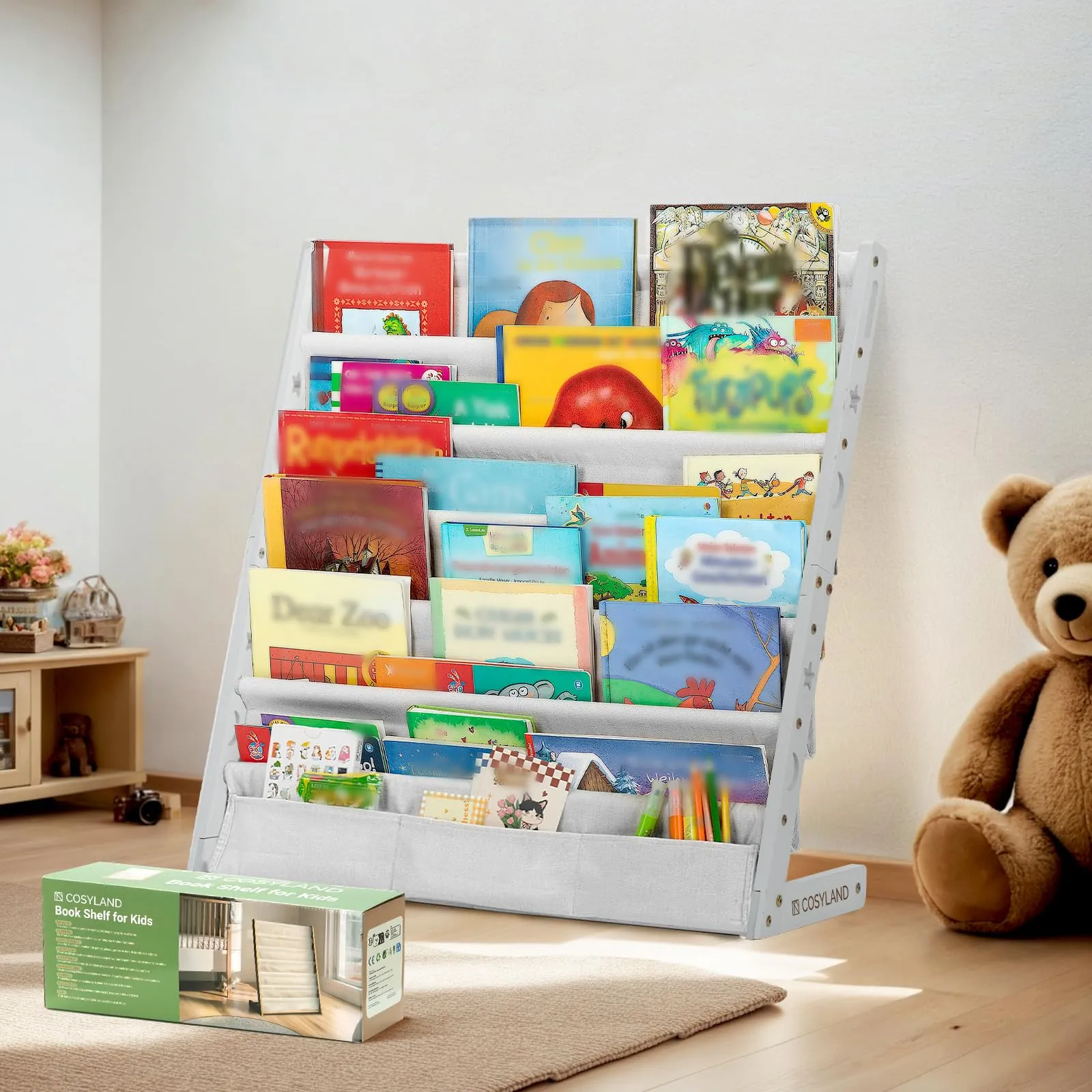 COSYLAND Libreria Montessori per Bambini in Legno Naturale e Tessuto Oxford, 6 Scomparti, Bianca - immagine 1