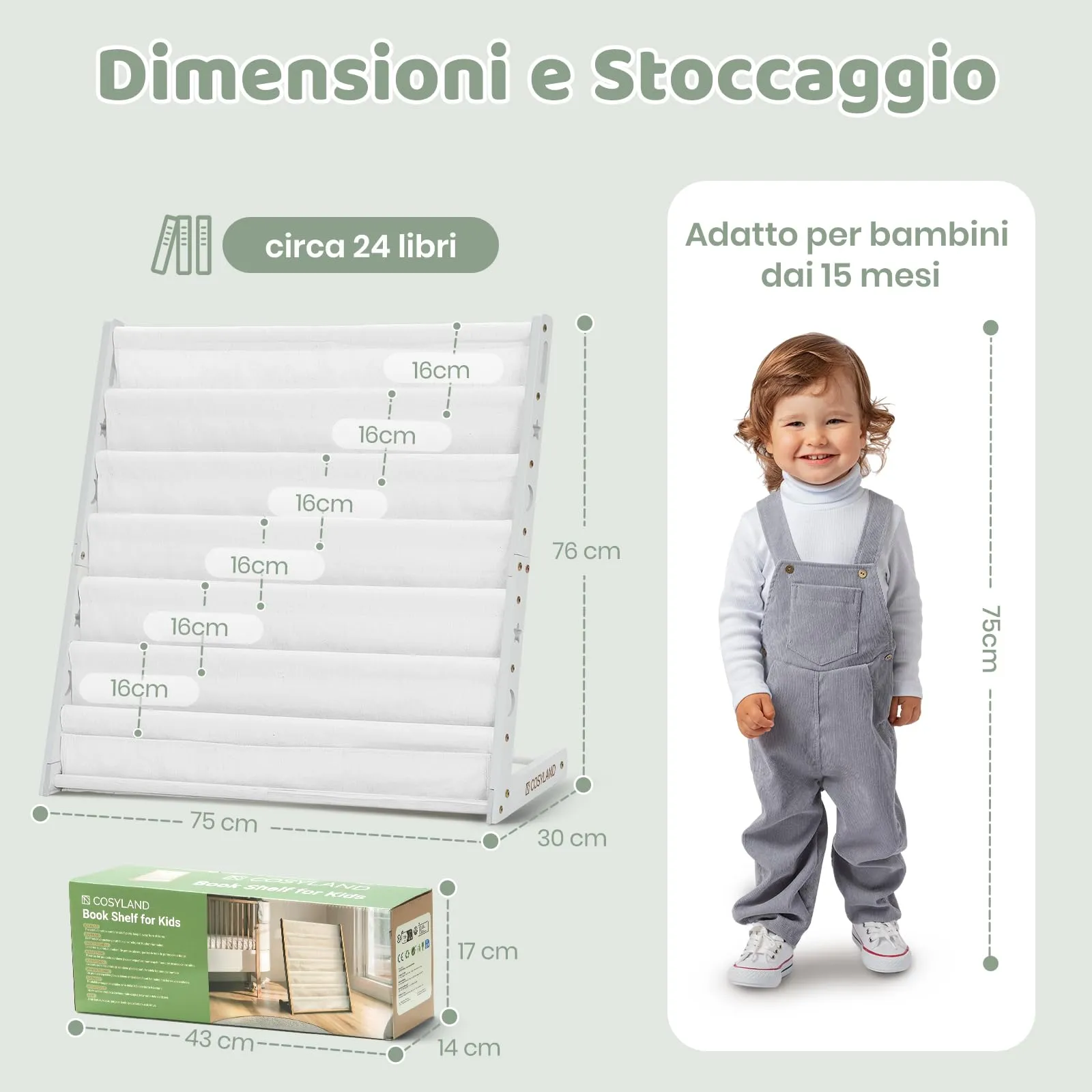 COSYLAND Libreria Montessori per Bambini in Legno Naturale e Tessuto Oxford, 6 Scomparti, Bianca - immagine 2