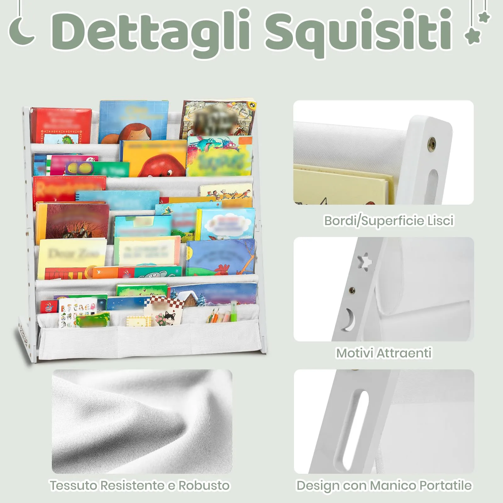 COSYLAND Libreria Montessori per Bambini in Legno Naturale e Tessuto Oxford, 6 Scomparti, Bianca - immagine 3