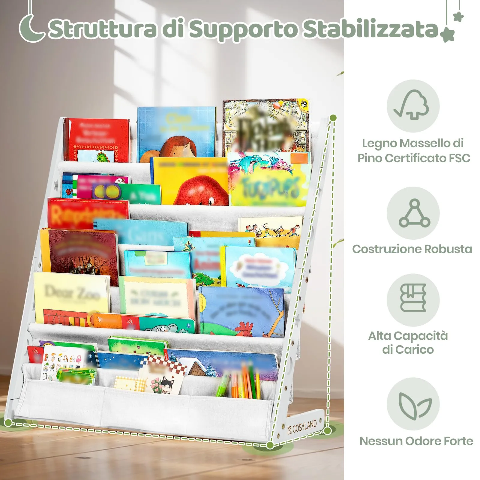 COSYLAND Libreria Montessori per Bambini in Legno Naturale e Tessuto Oxford, 6 Scomparti, Bianca - immagine 4