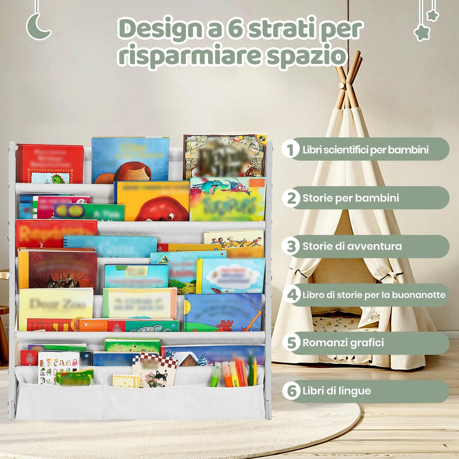 COSYLAND Libreria Montessori per Bambini in Legno Naturale e Tessuto Oxford, 6 Scomparti, Bianca - immagine 5