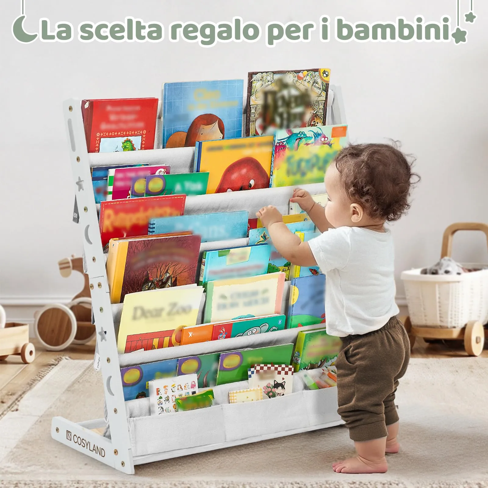 COSYLAND Libreria Montessori per Bambini in Legno Naturale e Tessuto Oxford, 6 Scomparti, Bianca - immagine 8