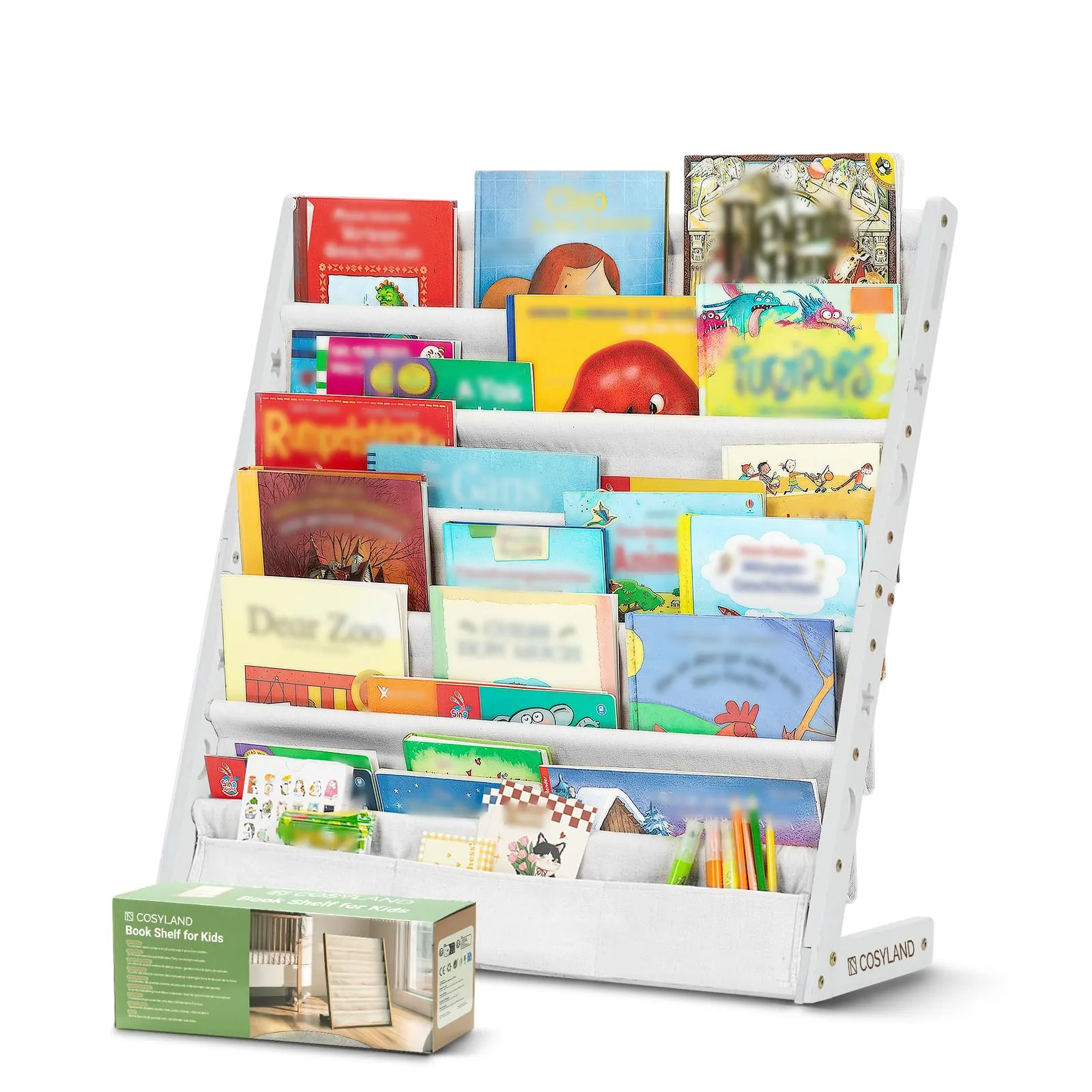 COSYLAND Libreria Montessori per Bambini in Legno Naturale e Tessuto Oxford, 6 Scomparti, Bianca - immagine 9