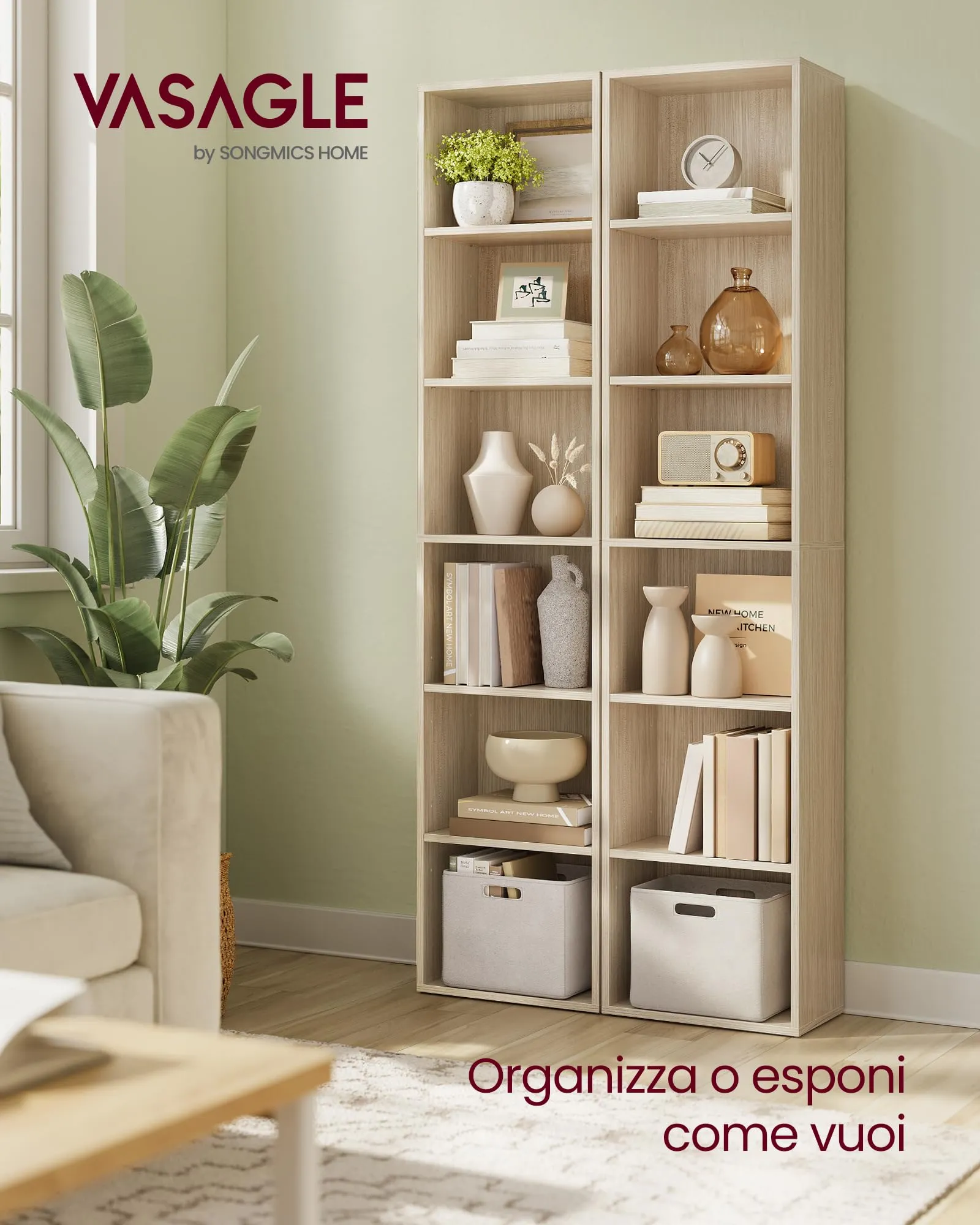 VASAGLE Custos Libreria a 6 Ripiani, Stile Industriale, 24 x 40 x 178,5 cm, Beige Naturale LBC167L01 - immagine 2