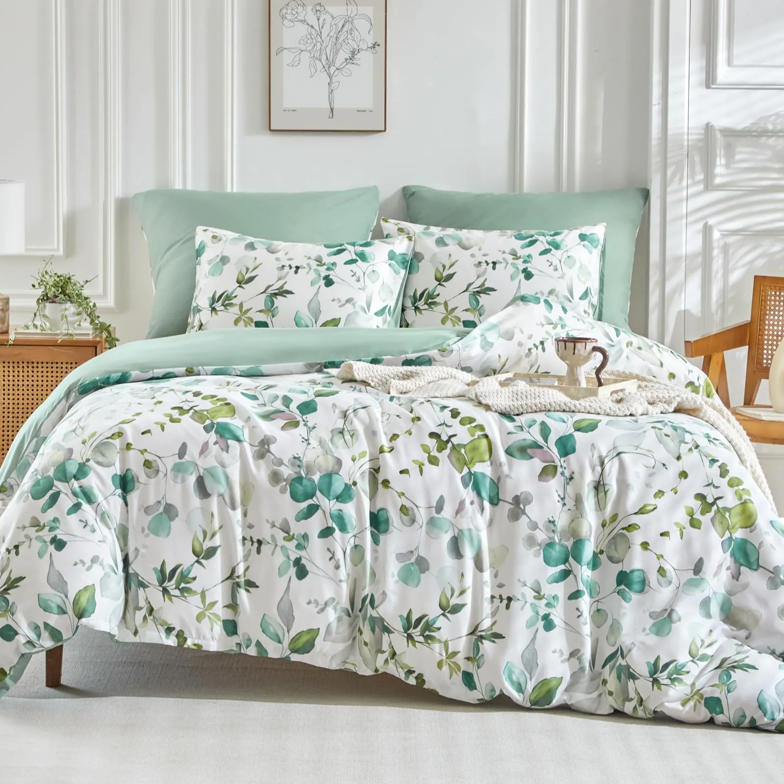Tokokimo Set Copripiumino Matrimoniale 3 Pezzi in Microfibra con Motivo a Ramoscelli e Foglie, 260x240cm, Verde - immagine 1