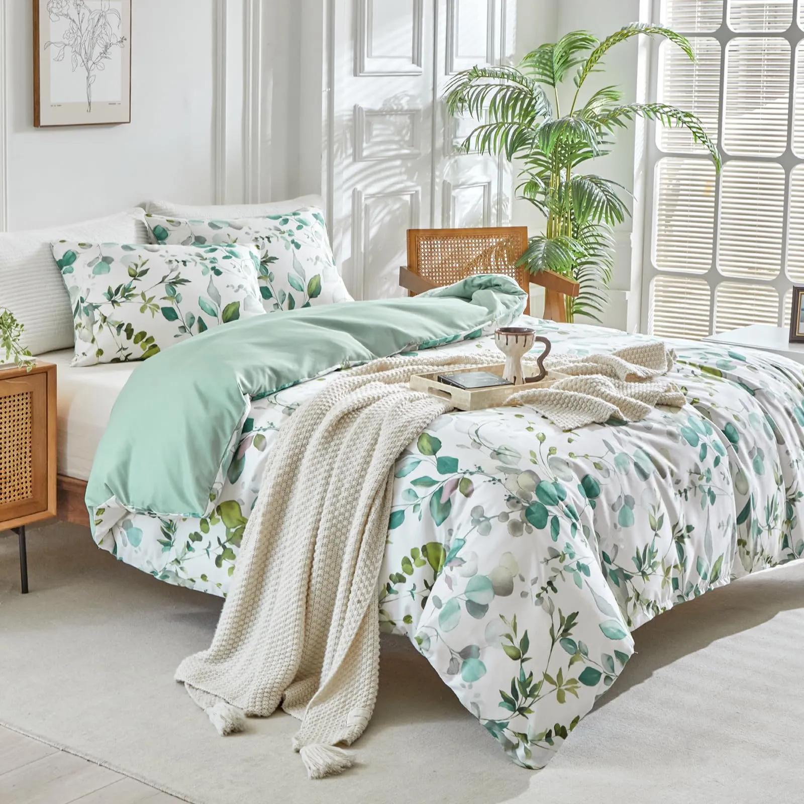 Tokokimo Set Copripiumino Matrimoniale 3 Pezzi in Microfibra con Motivo a Ramoscelli e Foglie, 260x240cm, Verde - immagine 2