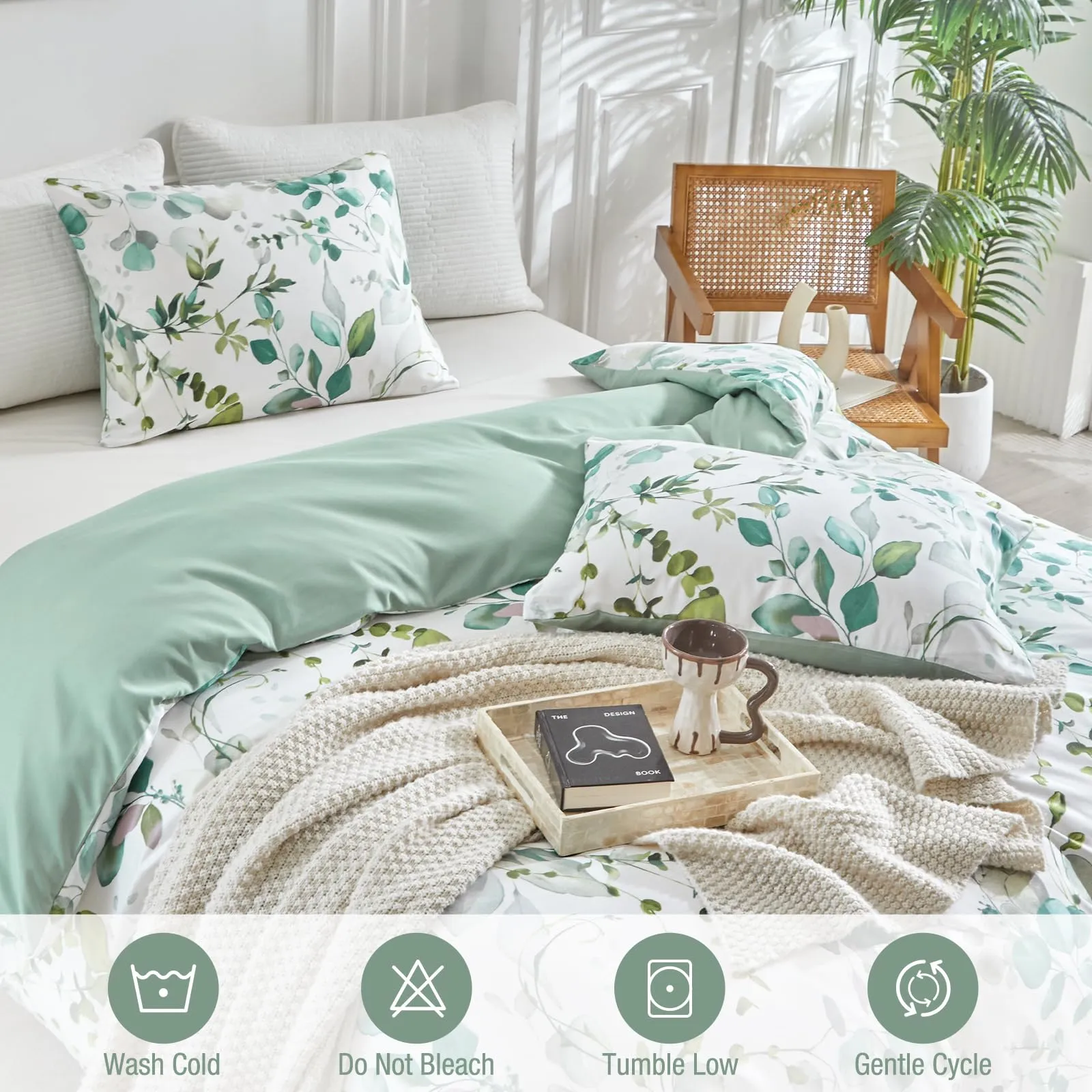 Tokokimo Set Copripiumino Matrimoniale 3 Pezzi in Microfibra con Motivo a Ramoscelli e Foglie, 260x240cm, Verde - immagine 4