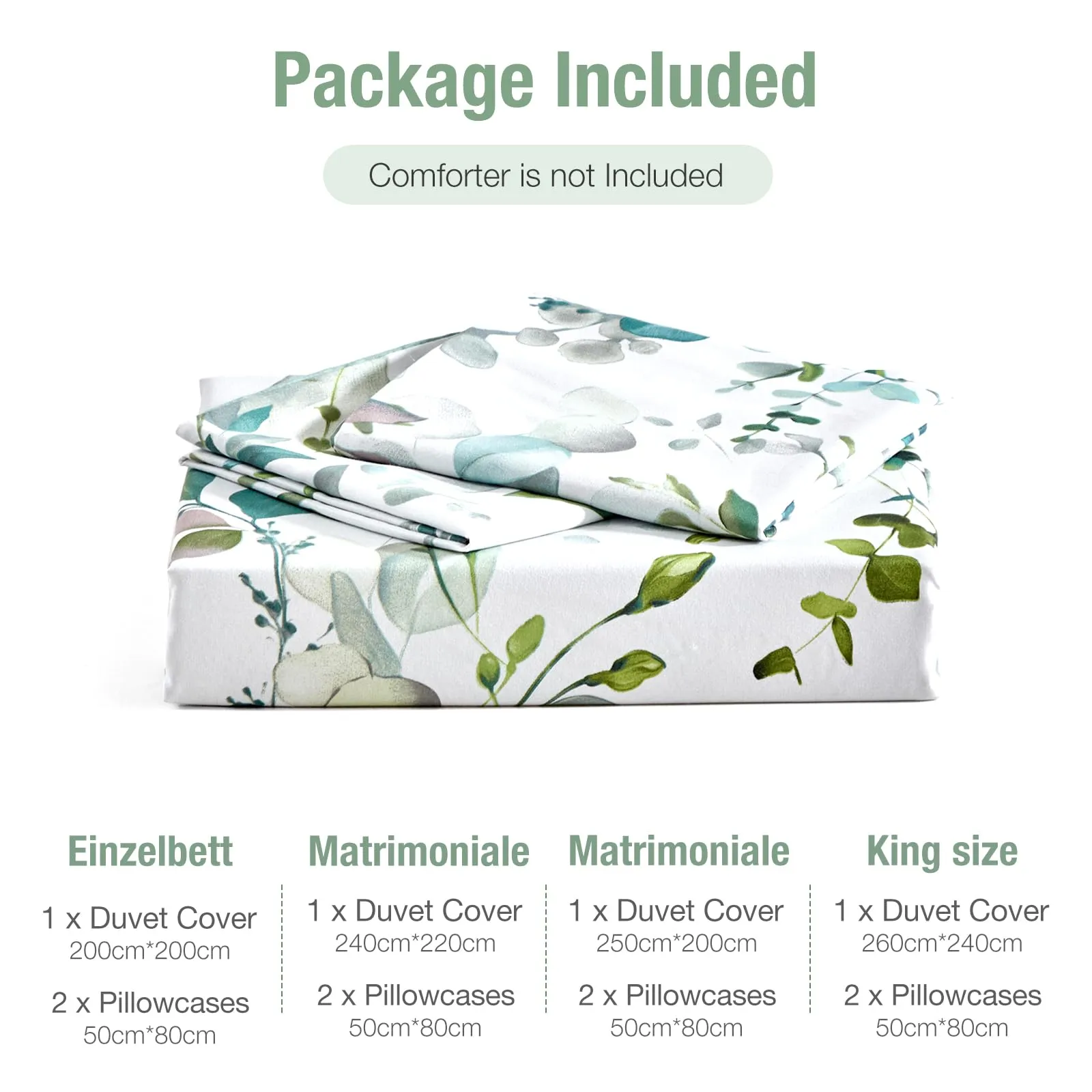 Tokokimo Set Copripiumino Matrimoniale 3 Pezzi in Microfibra con Motivo a Ramoscelli e Foglie, 260x240cm, Verde - immagine 7