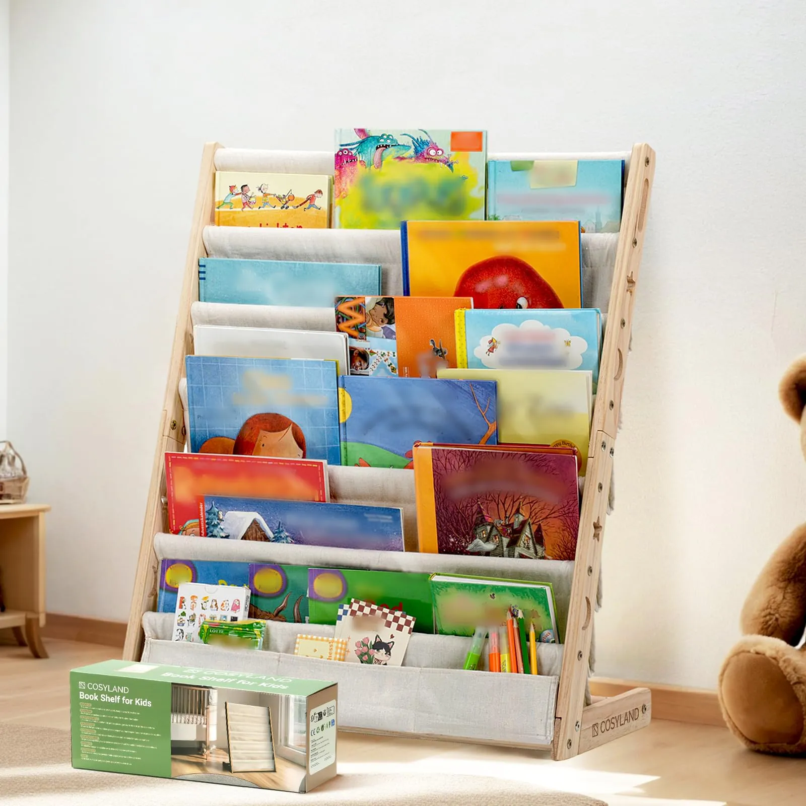 COSYLAND Libreria Montessori per Bambini in Legno Naturale con 6 Scomparti in Tessuto Oxford - immagine 1