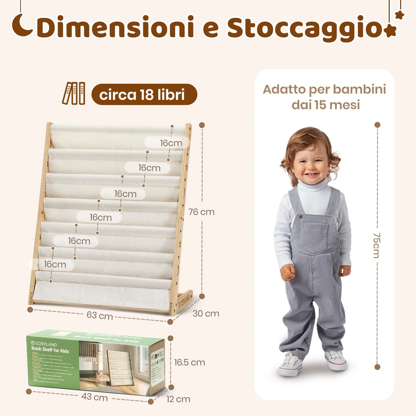 COSYLAND Libreria Montessori per Bambini in Legno Naturale con 6 Scomparti in Tessuto Oxford - immagine 2