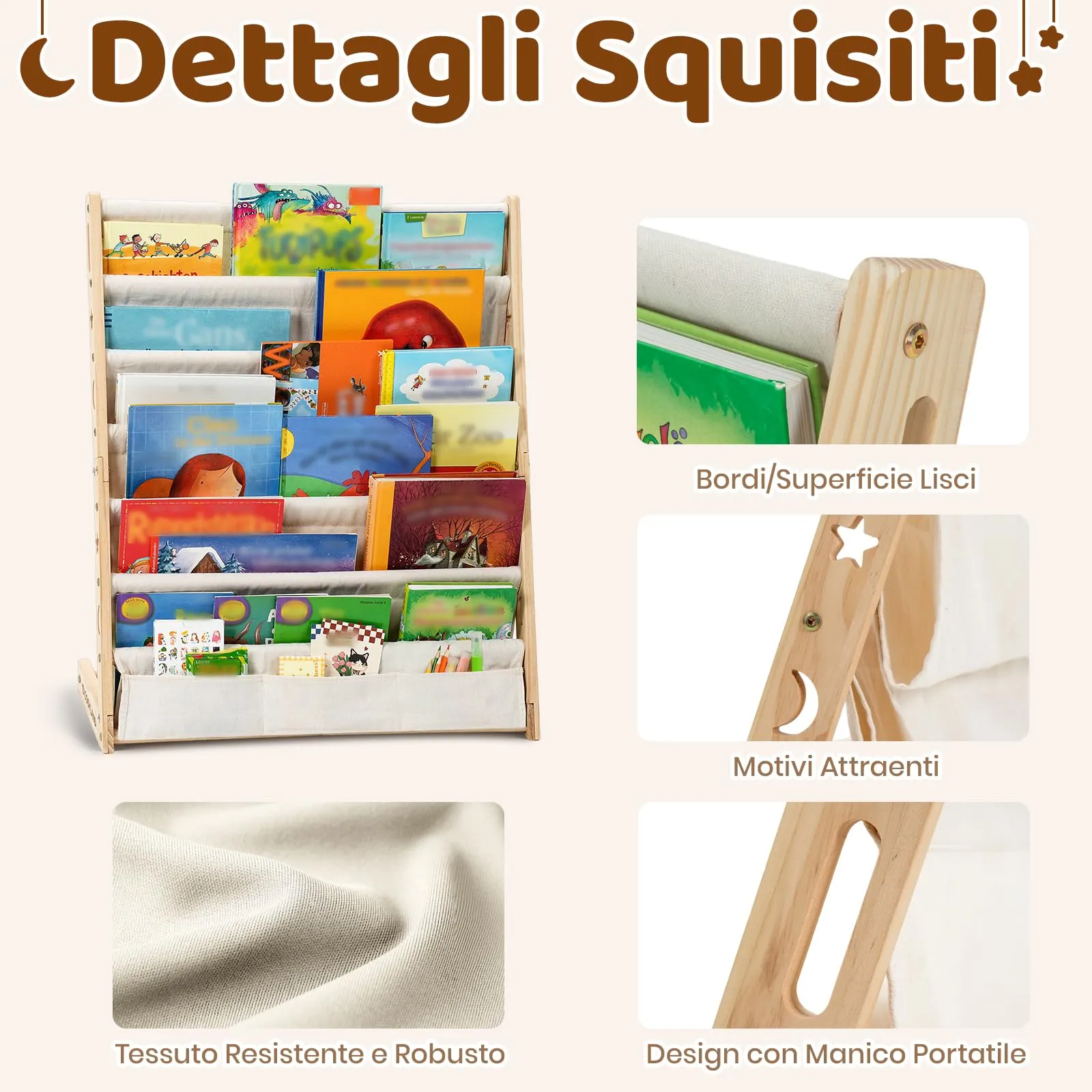 COSYLAND Libreria Montessori per Bambini in Legno Naturale con 6 Scomparti in Tessuto Oxford - immagine 3