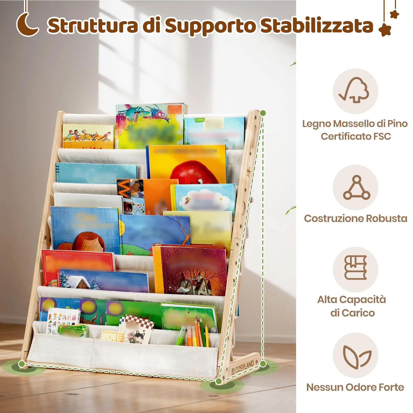 COSYLAND Libreria Montessori per Bambini in Legno Naturale con 6 Scomparti in Tessuto Oxford - immagine 4