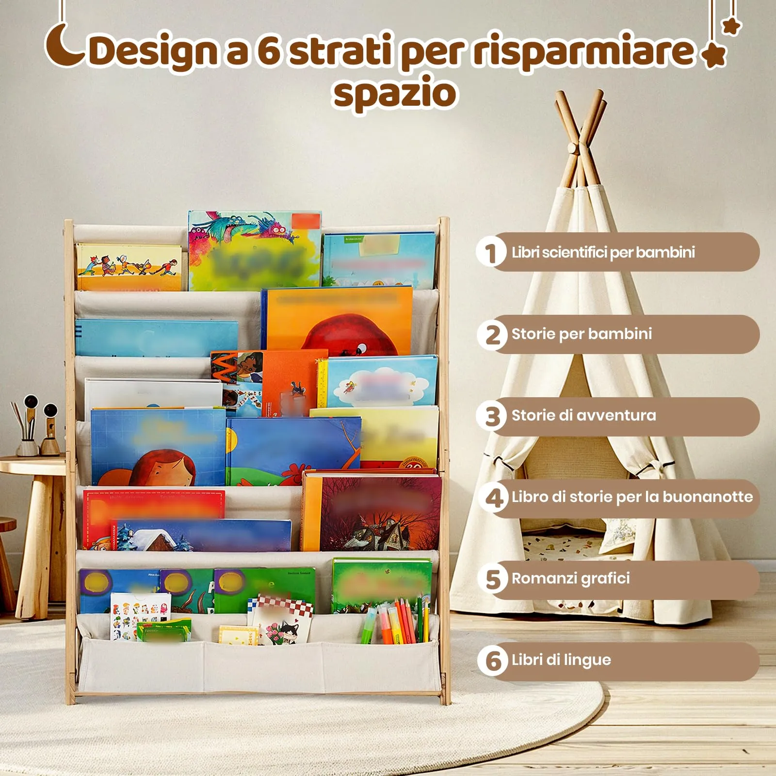 COSYLAND Libreria Montessori per Bambini in Legno Naturale con 6 Scomparti in Tessuto Oxford - immagine 5