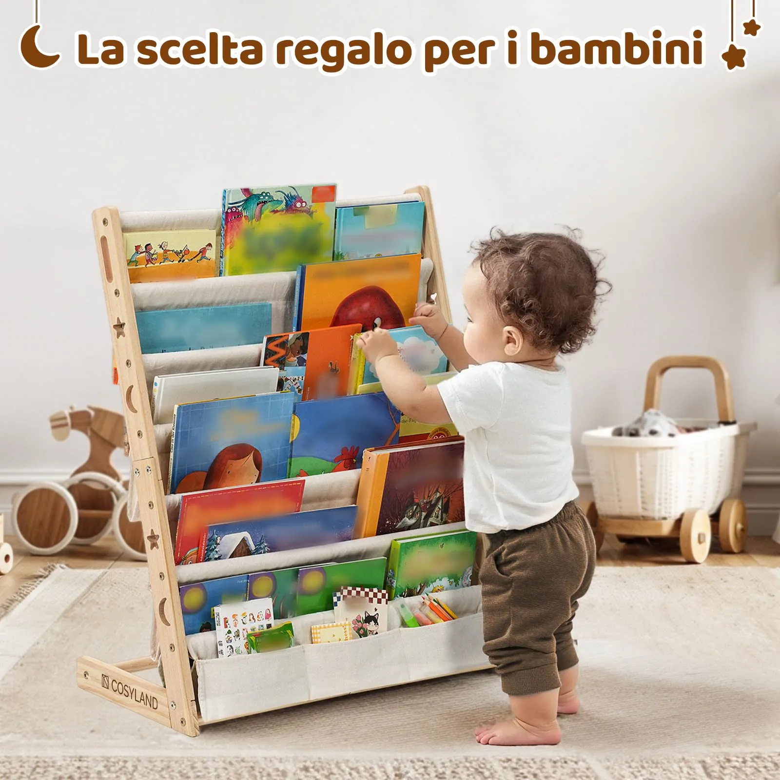 COSYLAND Libreria Montessori per Bambini in Legno Naturale con 6 Scomparti in Tessuto Oxford - immagine 8