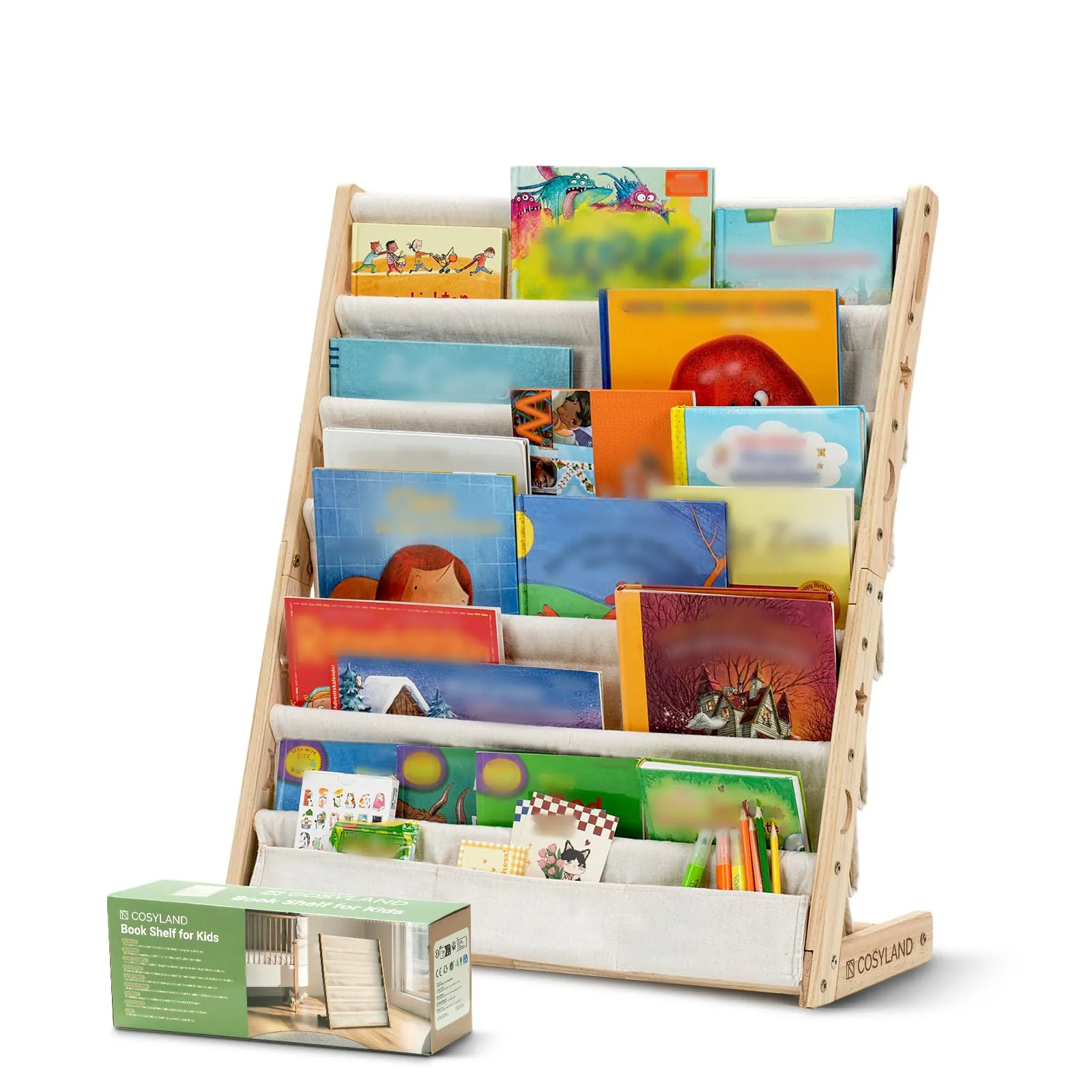 COSYLAND Libreria Montessori per Bambini in Legno Naturale con 6 Scomparti in Tessuto Oxford - immagine 9