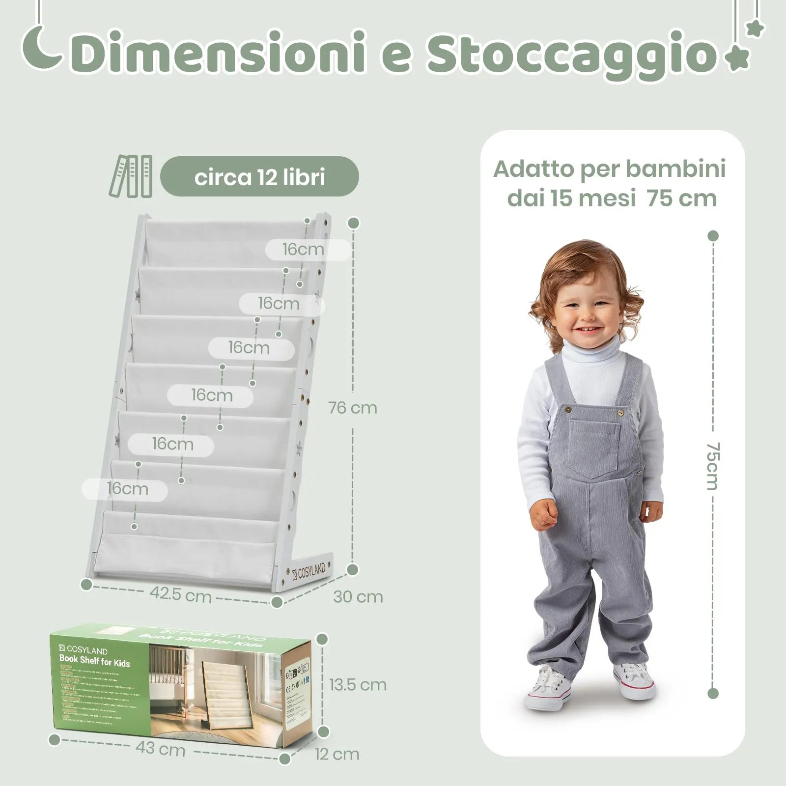 COSYLAND Libreria Frontale per Bambini, 6 Ripiani, Medium, Bianca - immagine 2