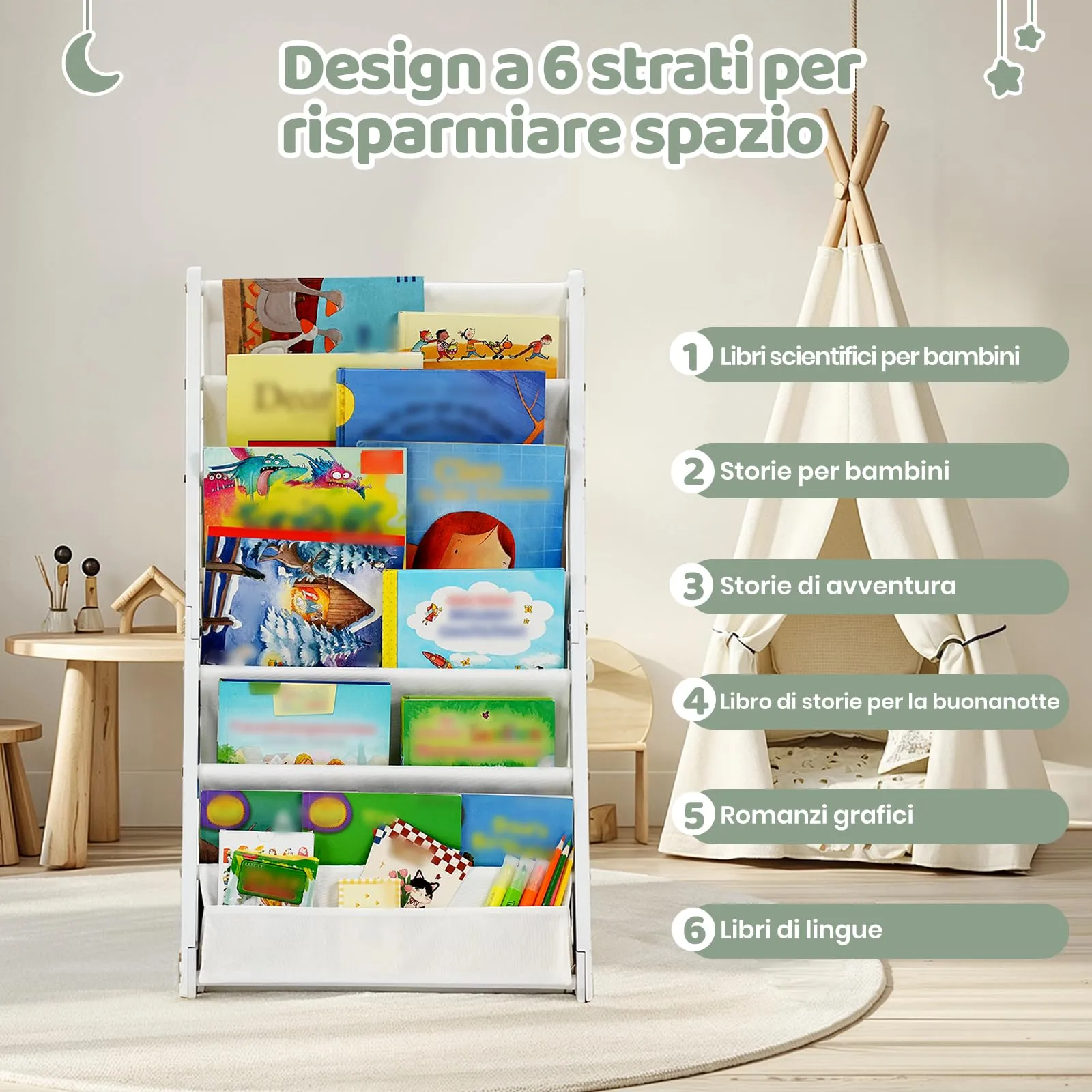 COSYLAND Libreria Frontale per Bambini, 6 Ripiani, Medium, Bianca - immagine 5