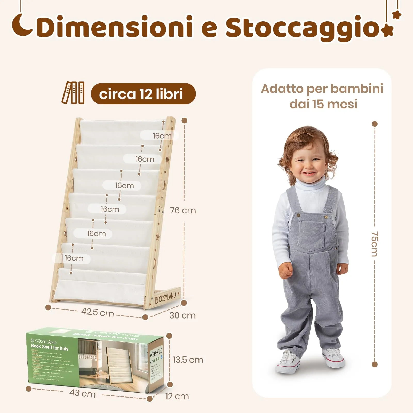 COSYLAND Libreria Montessori per Bambini con 6 Scomparti in Tessuto Oxford e Legno Naturale - immagine 2