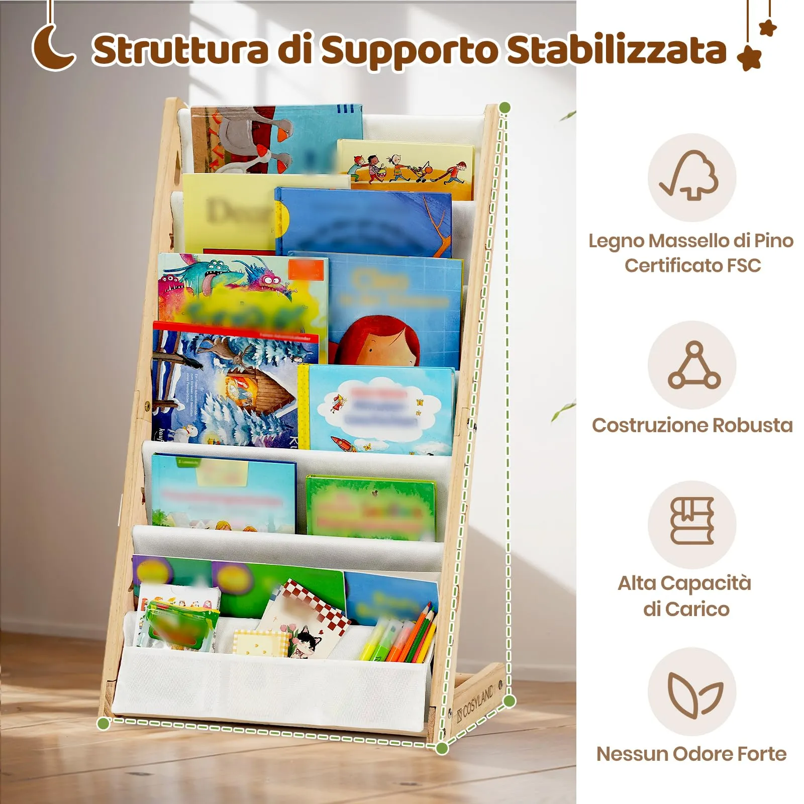 COSYLAND Libreria Montessori per Bambini con 6 Scomparti in Tessuto Oxford e Legno Naturale - immagine 4
