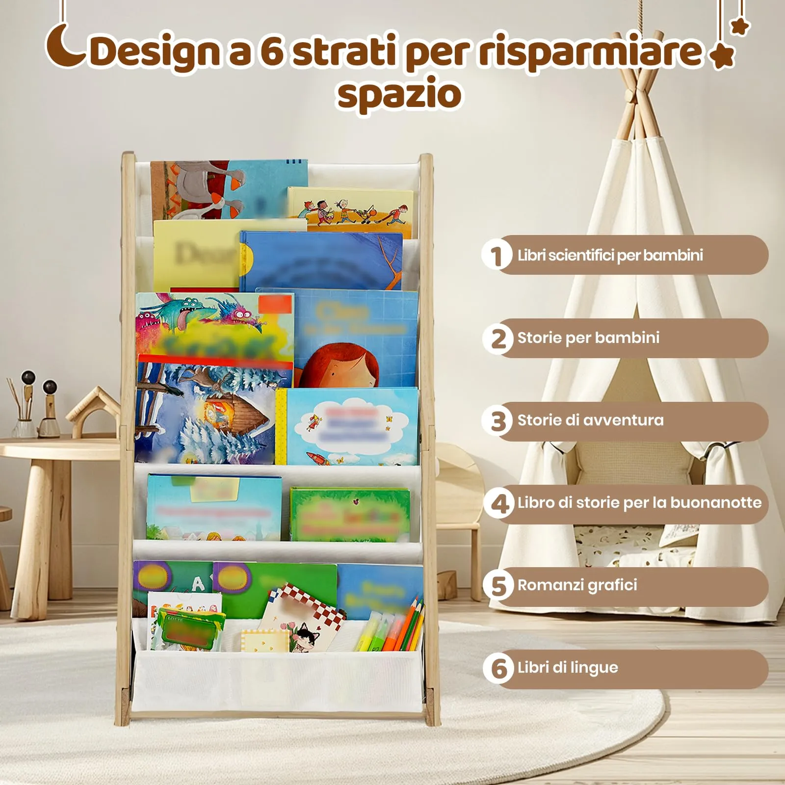 COSYLAND Libreria Montessori per Bambini con 6 Scomparti in Tessuto Oxford e Legno Naturale - immagine 5