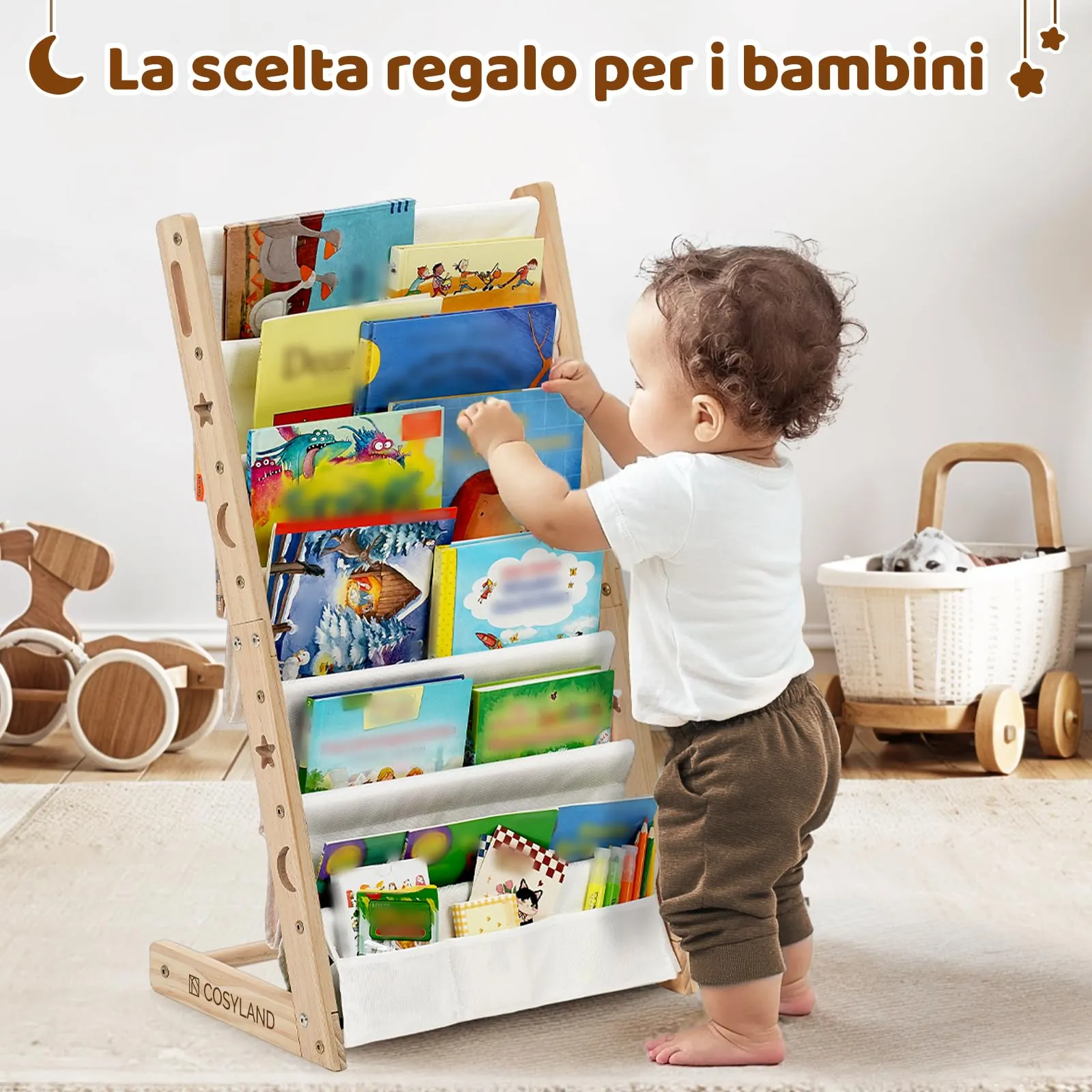 COSYLAND Libreria Montessori per Bambini con 6 Scomparti in Tessuto Oxford e Legno Naturale - immagine 8