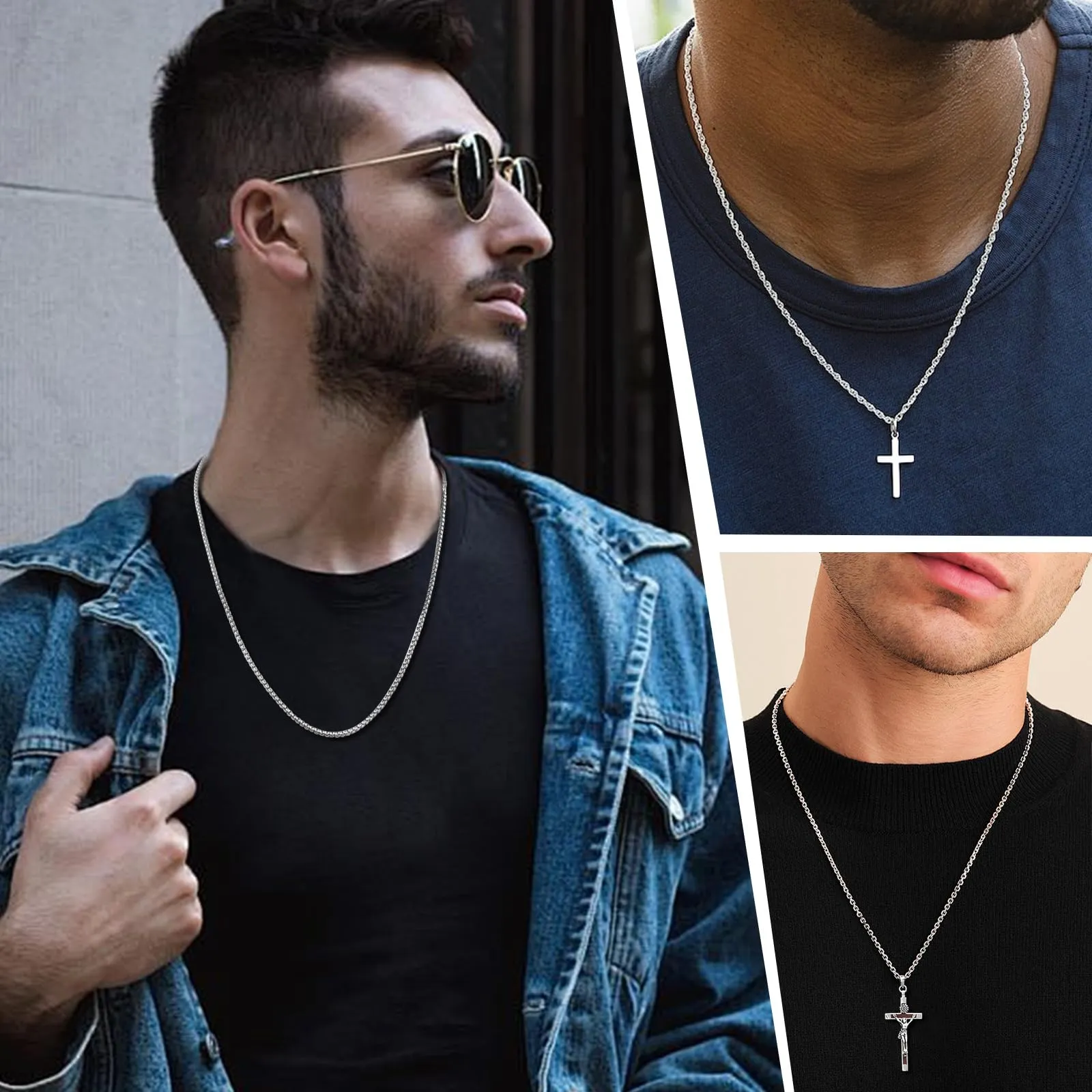 Esmoly Set 3 Collane Uomo Cuban Chain in Acciaio Inossidabile (Argento, 55cm/3mm) - immagine 2