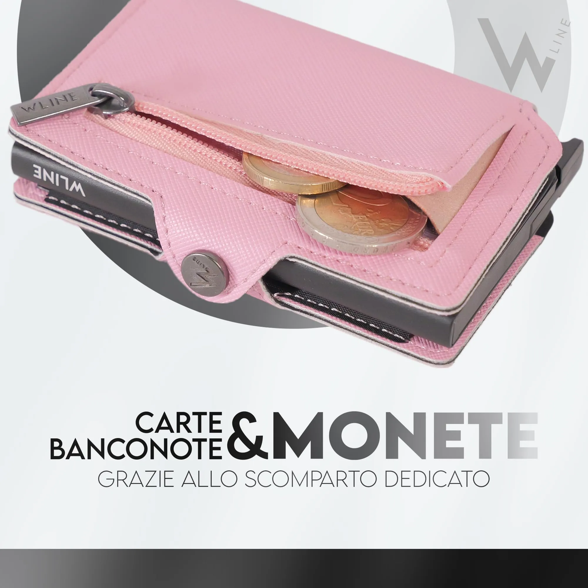 WLine Portafoglio Donna Piccolo con Portamonete RFID in Pelle PU, Rosa e Nero Saffiano, con Zip - immagine 3